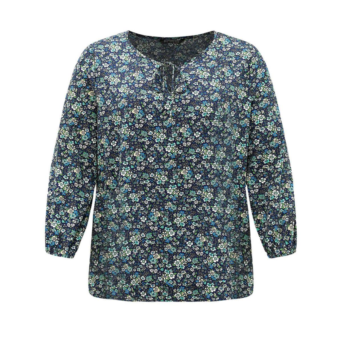 Plus Size Indigo Ditsy Floral Knot Neck Elastic Cuffs Blouse Women Elegant Long Sleeve Tie Neck Everyday Blouses BloomChic 14-16/1X Product Image