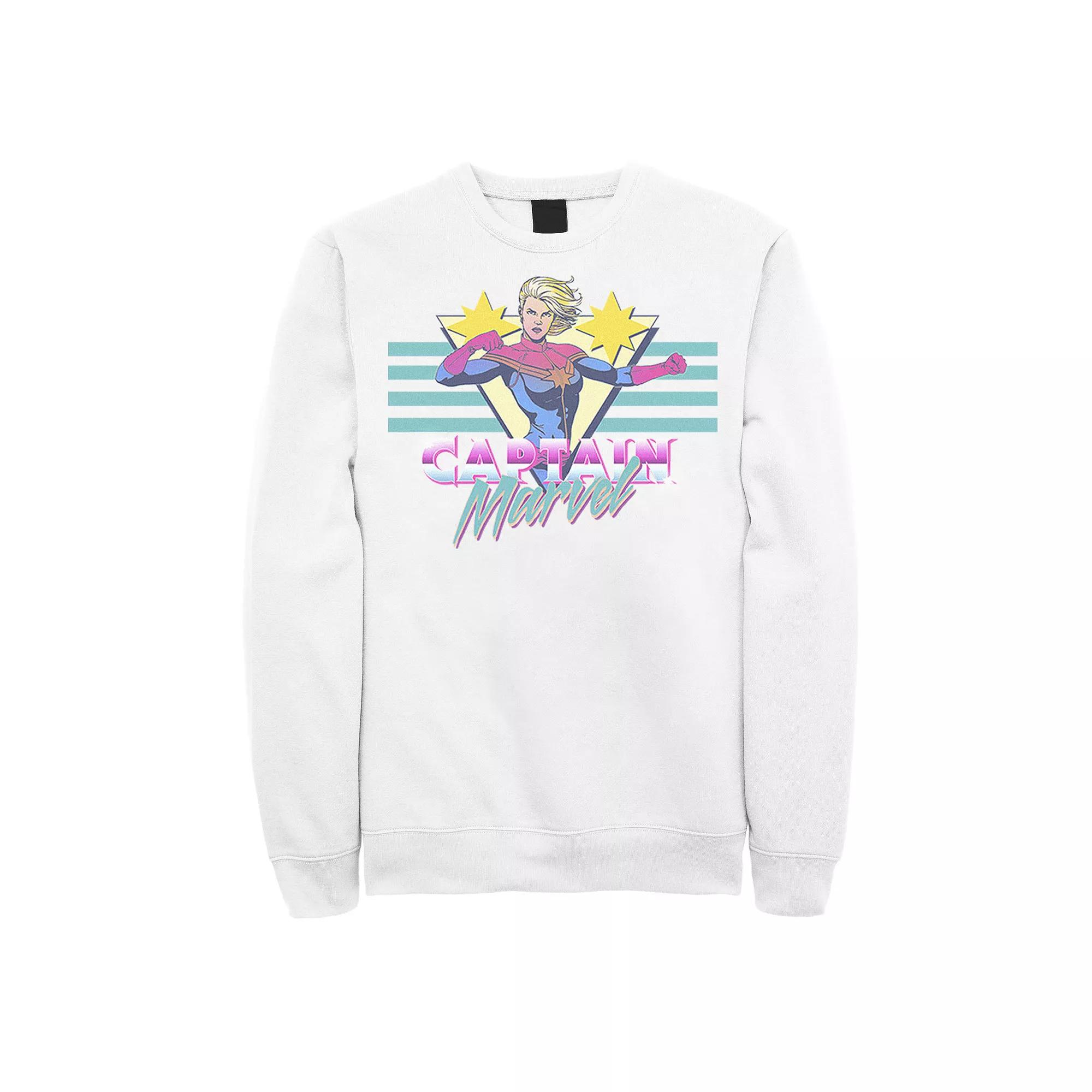 Men's Marvel Captain Marvel Action Pose Retro 80's Logo Poster Graphic Fleece Pullover, Size: XL, White Product Image