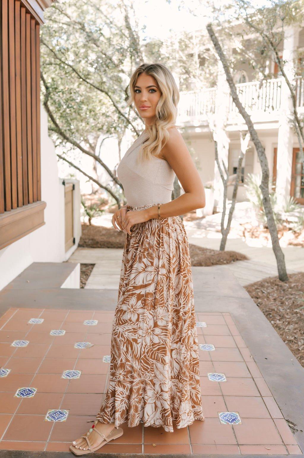 Taupe Floral Print Smocked Maxi Skirt - FINAL SALE Product Image