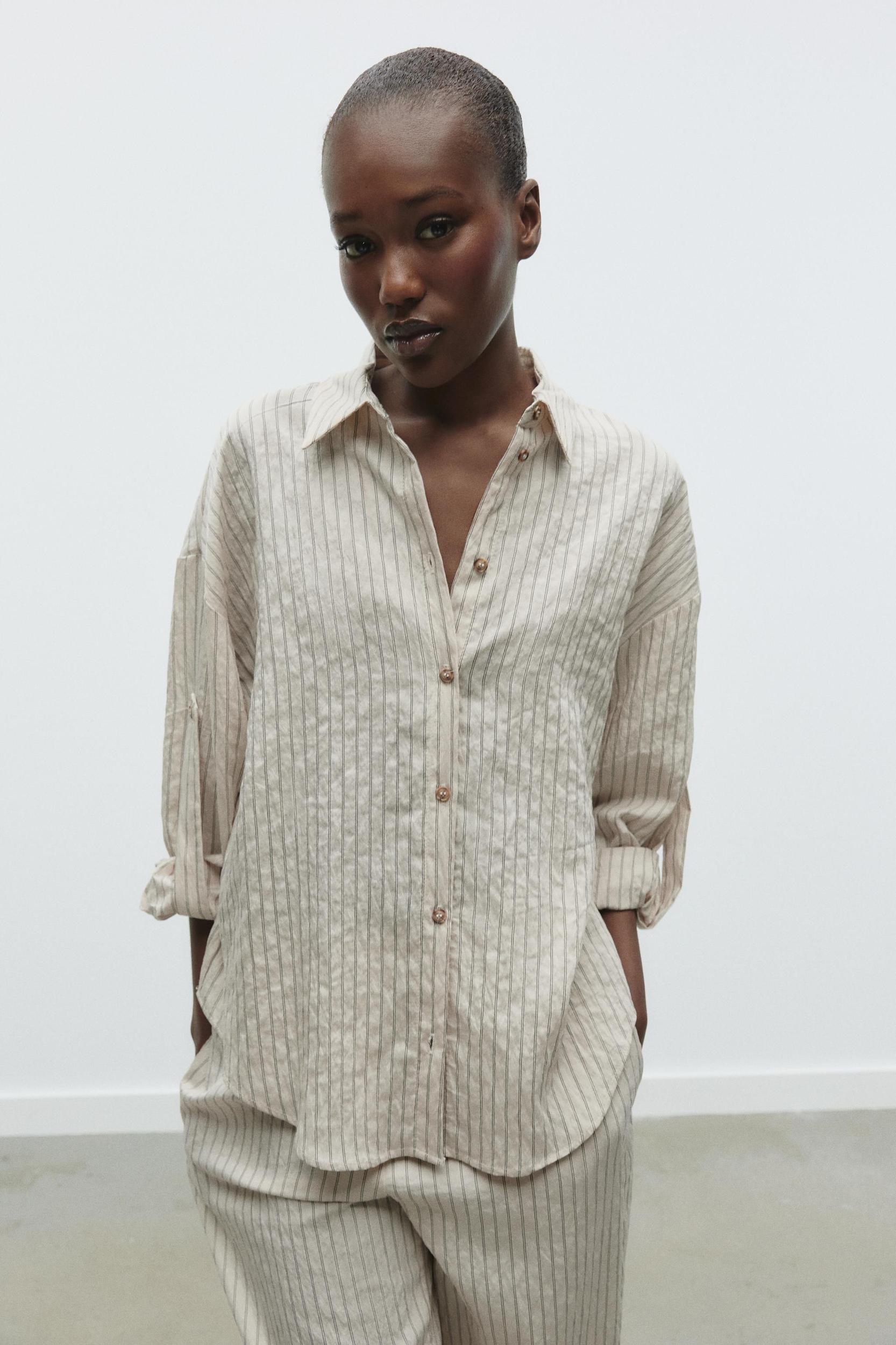 STRIPED ROLL-TAB SLEEVE SHIRT Product Image