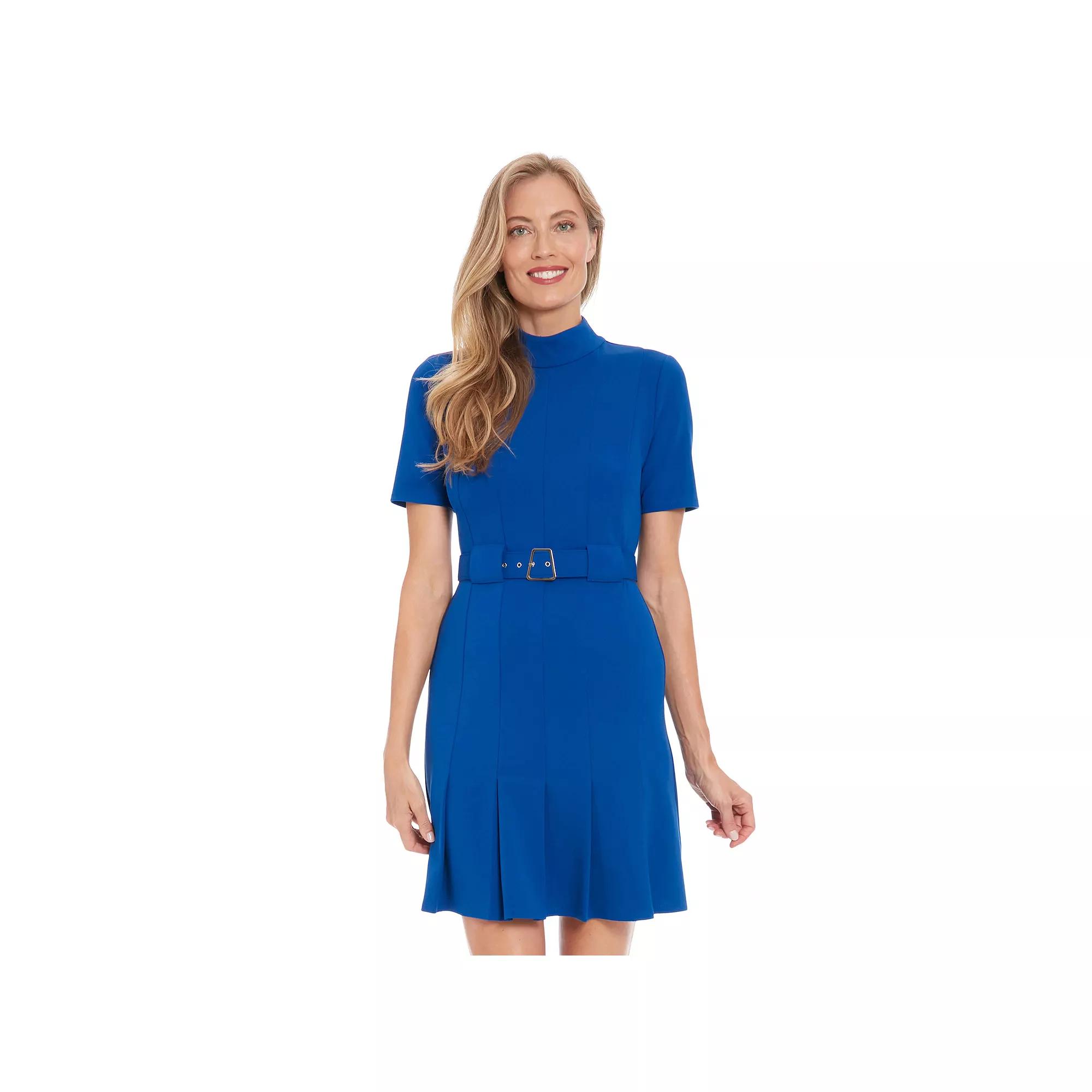 Women's London Times Mock Neck Belted Pleated Dress,  Product Image