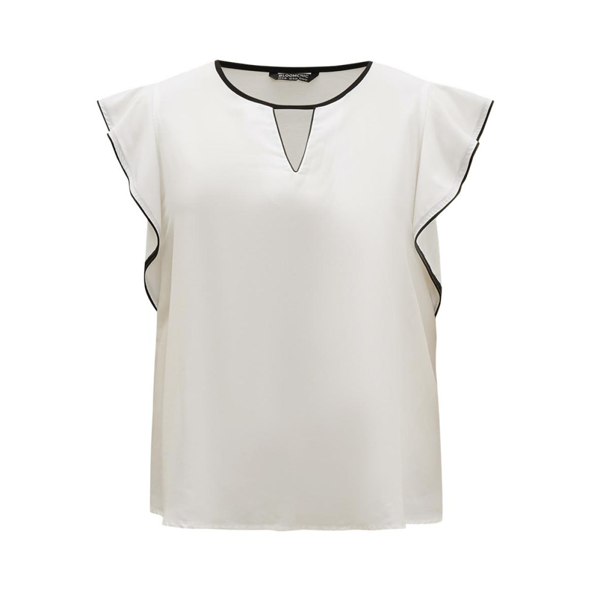 Plus Size Ivory Contrast Keyhole Ruffle Trim Cap Sleeve Blouse Women Office Cap Sleeve Keyhole Cut-Out Office Blouses BloomChic 12/L Product Image