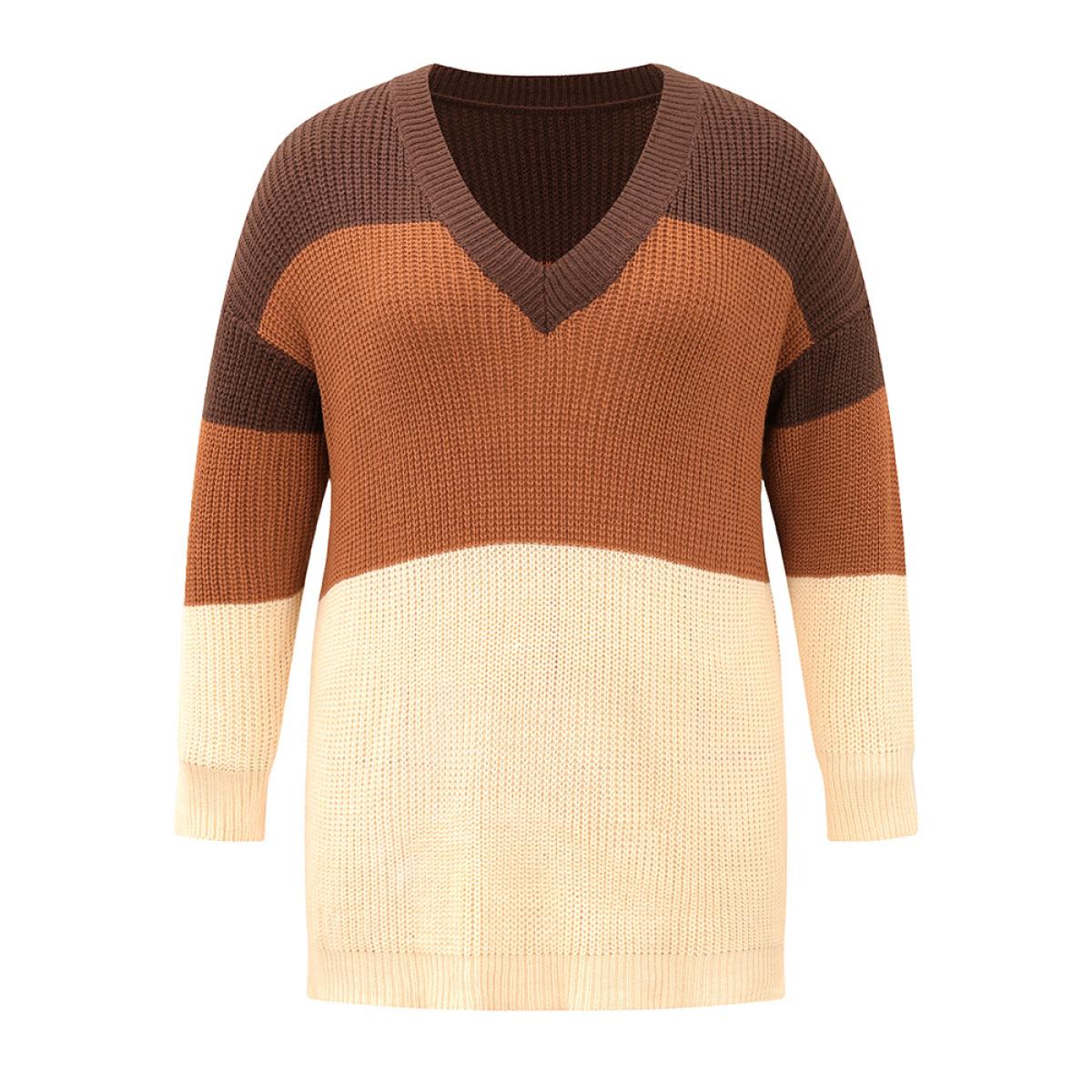 Plus Size Colorblock Patchwork Split Side Drop Shoulder Pullover Multicolor Women Casual Loose Long Sleeve V-neck Dailywear Pullovers BloomChic 22-24/3X Product Image