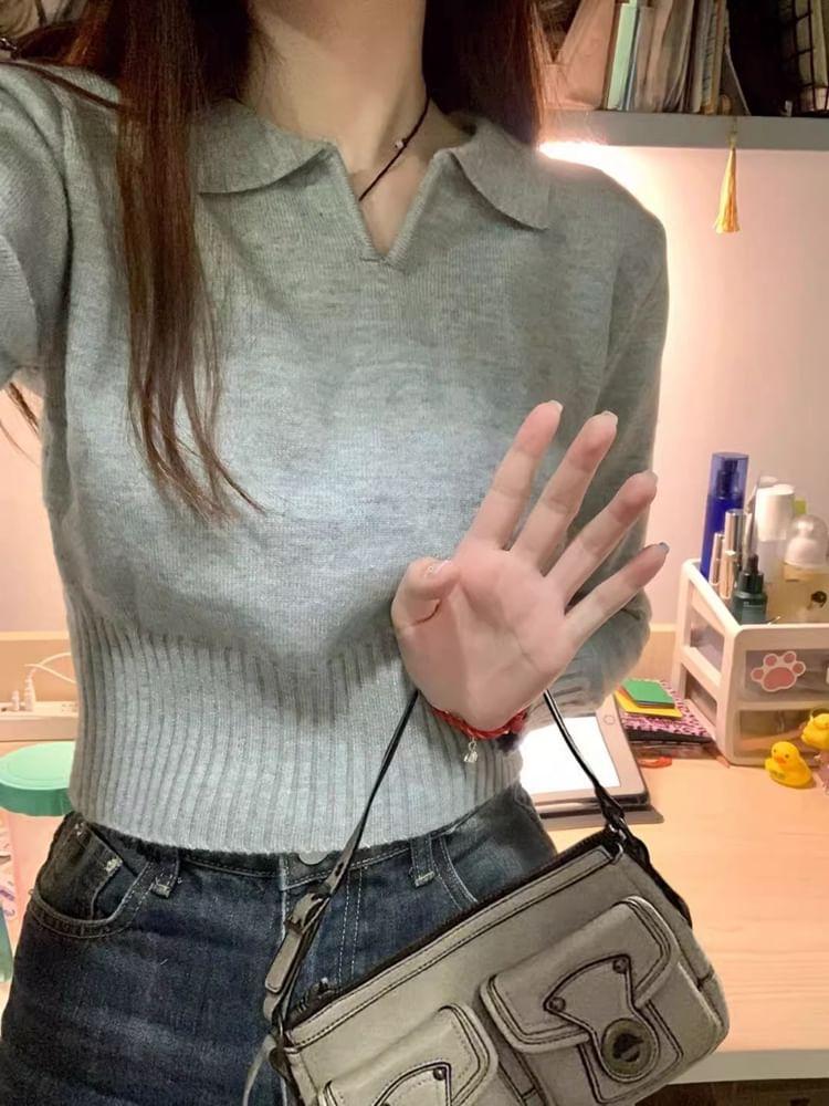 Long-Sleeve Polo-Neck Plain Sweater Product Image