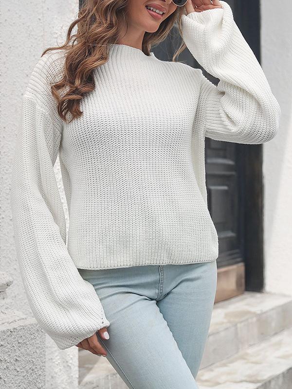 Long Sleeves Loose Hollow Solid Color Split-Joint Round-Neck Sweater Product Image