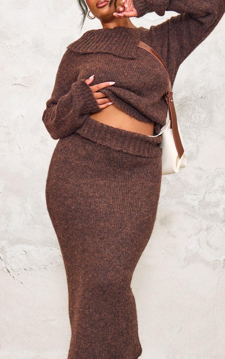 Plus Chocolate Marl Knit Foldover Maxi Skirt Product Image