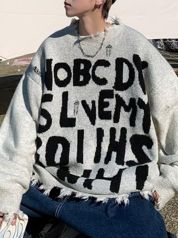 Men's Street Letter Jacquard Raw Trim Oversized Sweater Product Image