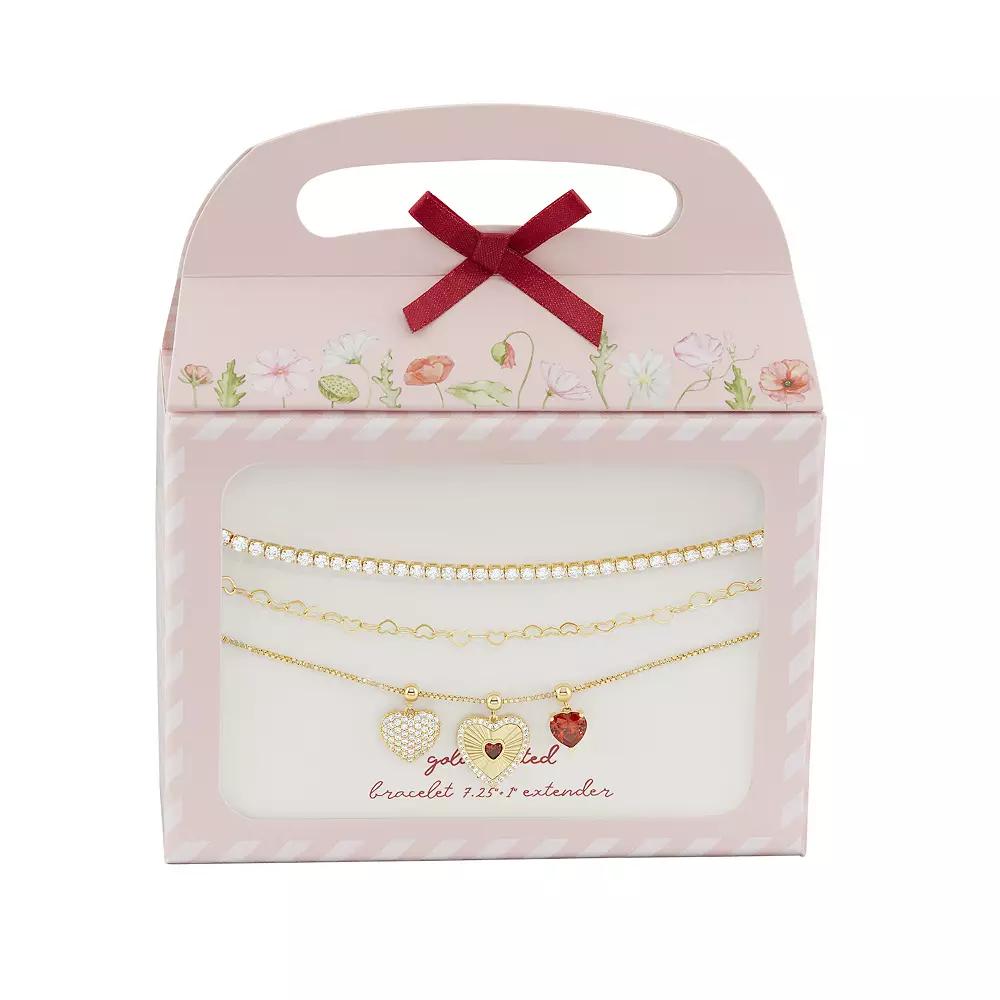 Brilliance 18k Gold Flash Plated Garnet Cubic Zirconia Triple Heart Charms Triple Layer Bracelet, Women's, Size: 8.5", Gold Tone Product Image