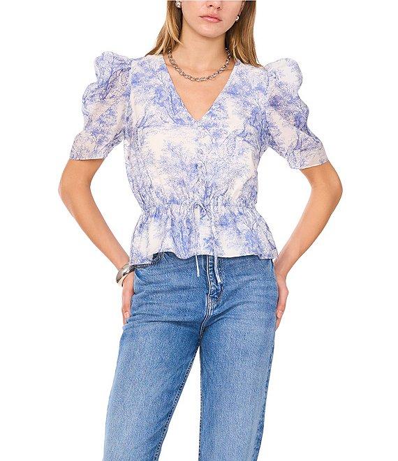 1. STATE Woven Toile Print V-Neck Short Sleeve Cinch Waist Peplum Blouse Product Image