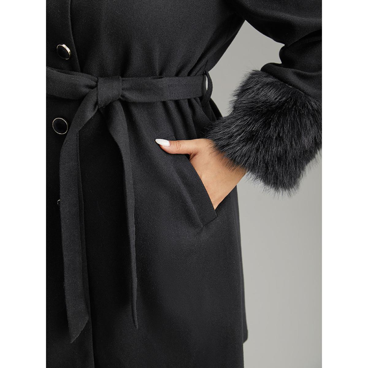 Plus Size Solid Fuzzy Trim Button Through Belted Coat Women Black Casual Plain Ladies Dailywear Winter Coats BloomChic 10/M Product Image