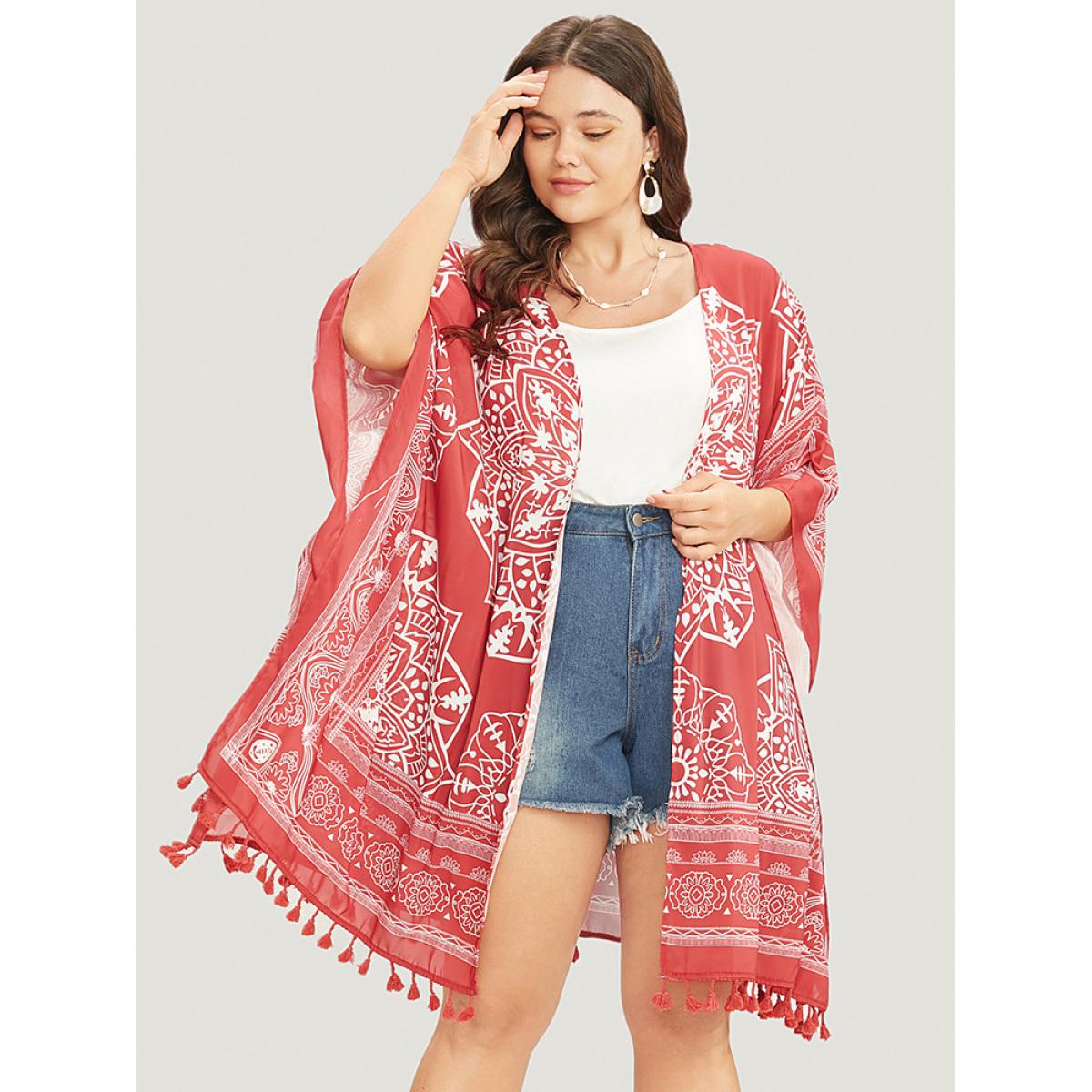 Plus Size Bandana Print Tassels Hem Open Front Kimono Women Rust Vacation Printed Oversized Dailywear Kimonos BloomChic 28/5X Product Image