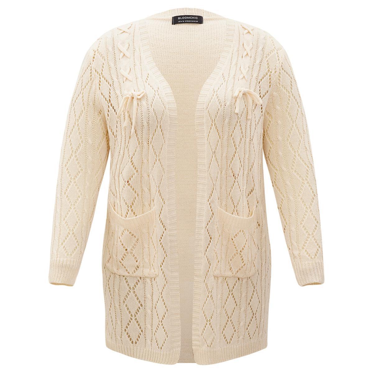 Plus Size Solid Bowknot Detail Patched Pocket Hollow Out Cardigan Apricot Women Casual Loose Long Sleeve Everyday Cardigans BloomChic 28/5X Product Image