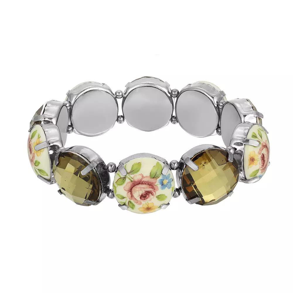 1928 Silver Tone Floral Round Stone Stretch Bracelet, Women's, Multi Product Image