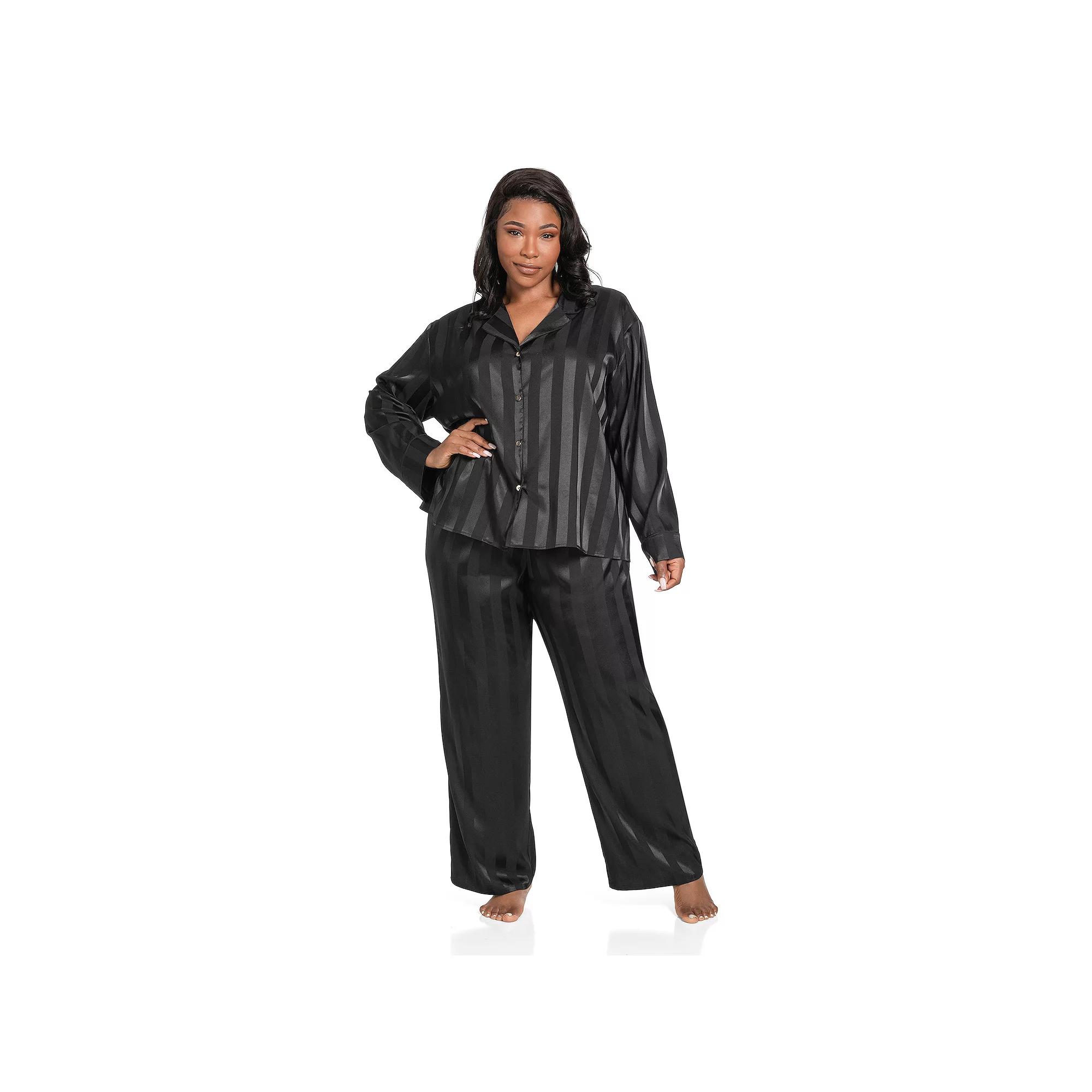 Plus Size Lilac+London Satin Notch Collar Pajama Top & Pajama Bottoms Set, Women's, Size: 1XL, Black Product Image