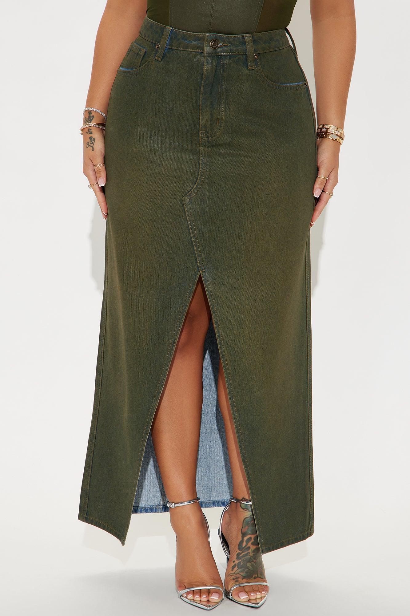 Lone Pine Coated Denim Maxi Skirt - Olive Product Image