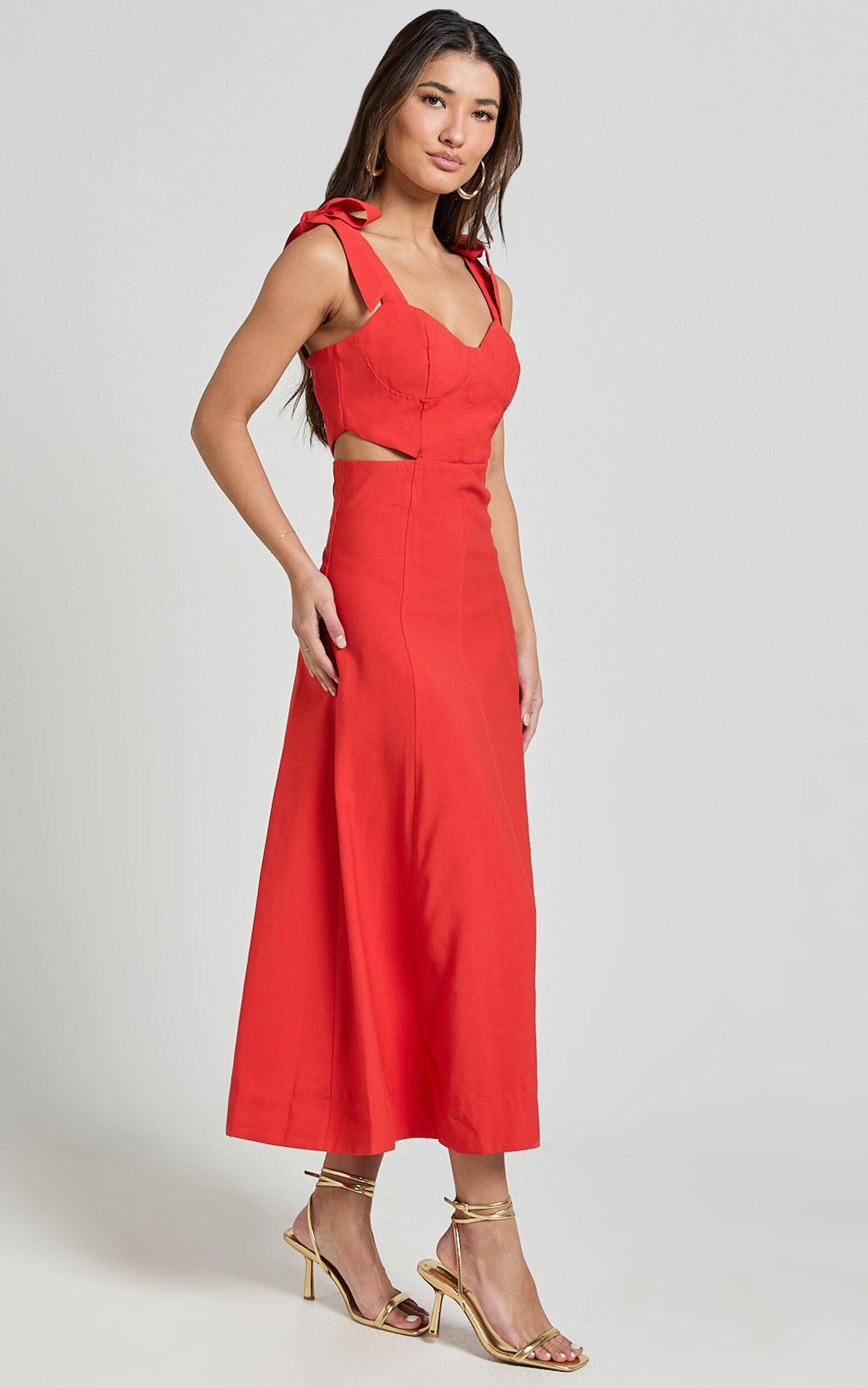 Giana Midi Dress - Shoulder Tie Cut Out Thigh Split Dress in Red Product Image