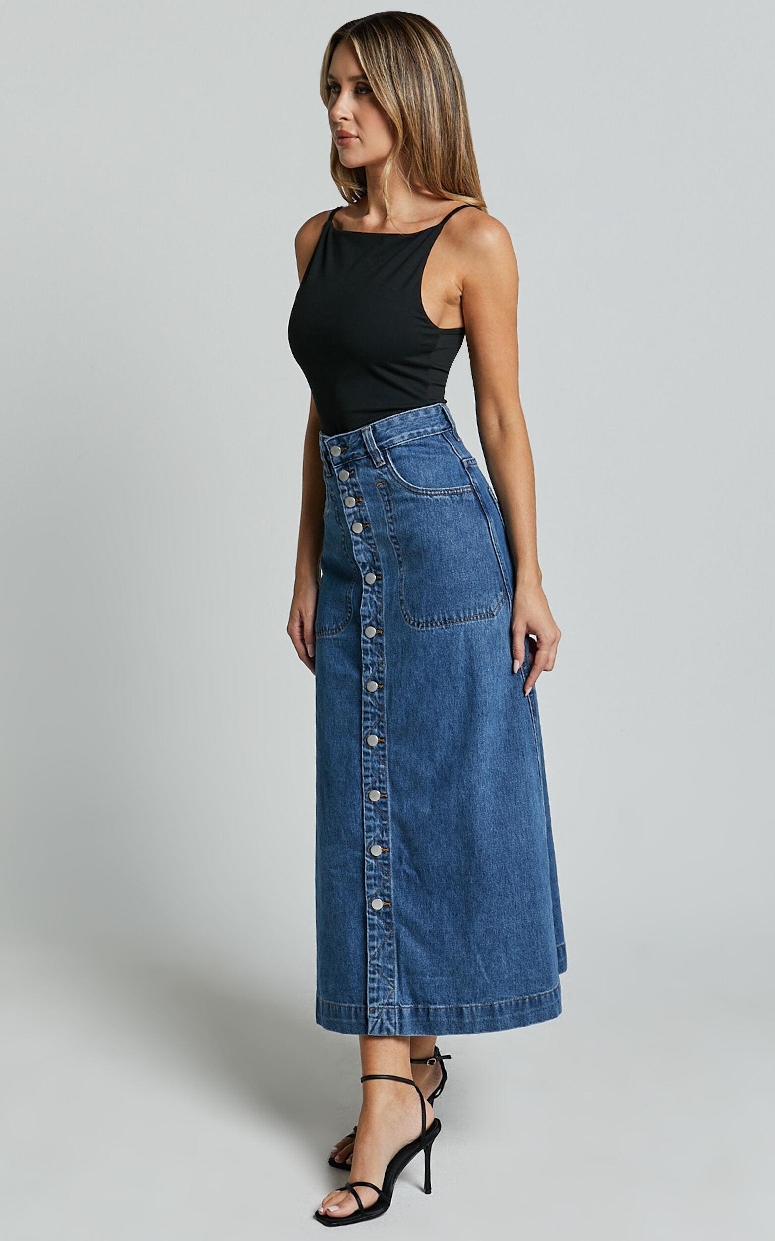Alisa Midi Skirt - Button Through A Line Denim Skirt in Dark Blue Wash Product Image
