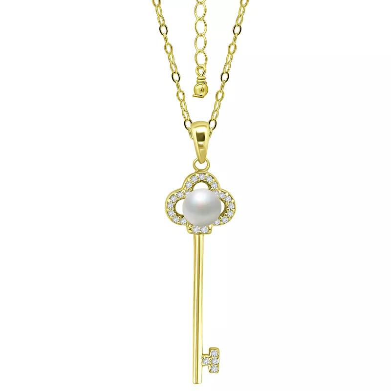 Aleure Precioso Sterling Silver Cubic Zirconia & Freshwater Cultured Pearl Key Pendant Necklace, Women's, Size: 18", Gold Tone Product Image