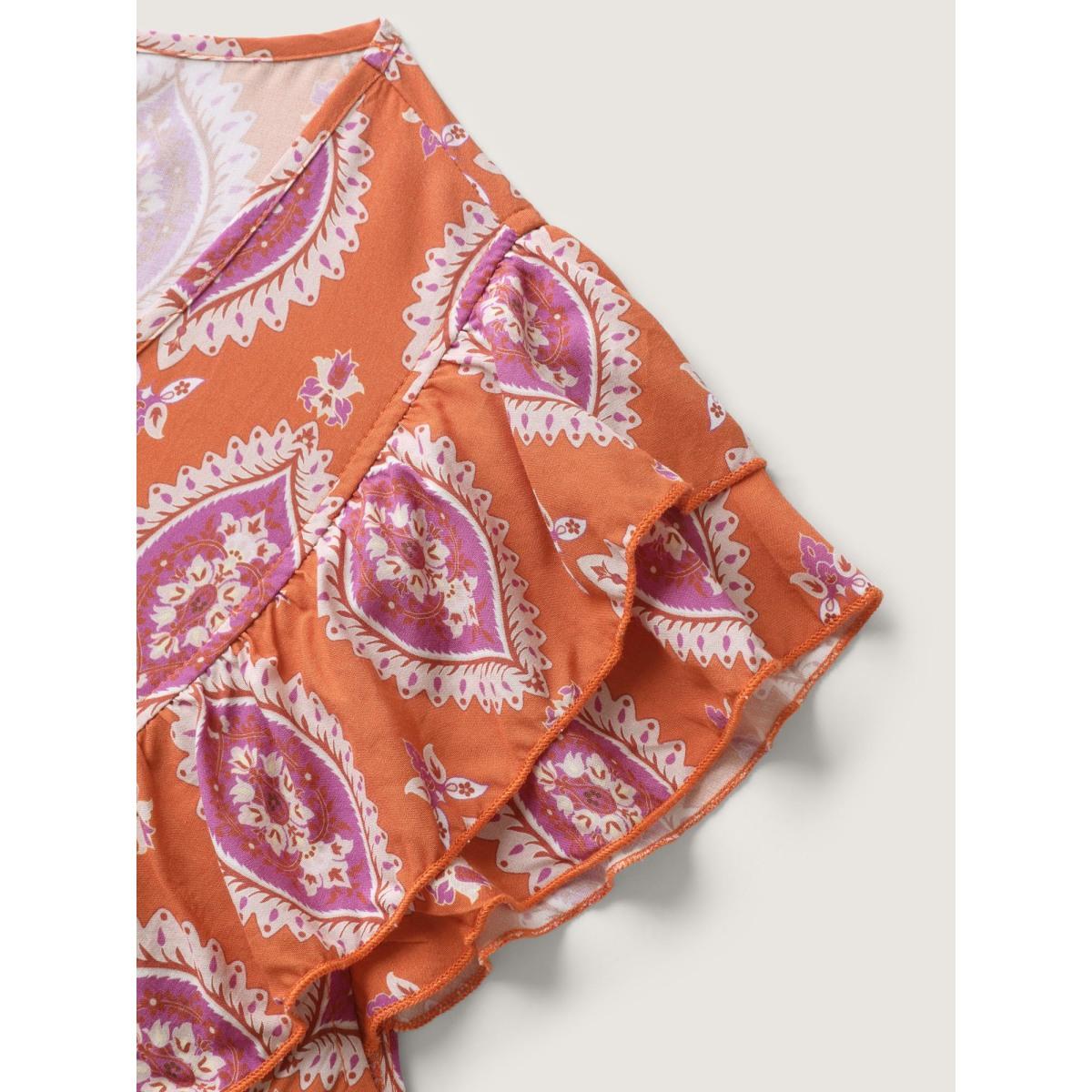 Plus Size Rayon Boho Print Pocket Midi Dress Coral Women Boho V-neck Cap Sleeve Curvy BloomChic 12/L Product Image