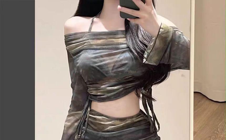 Set: Halter Print Bikini Top + Bottom + Long-Sleeve Drawstring Cover Up Top + Skirt Product Image