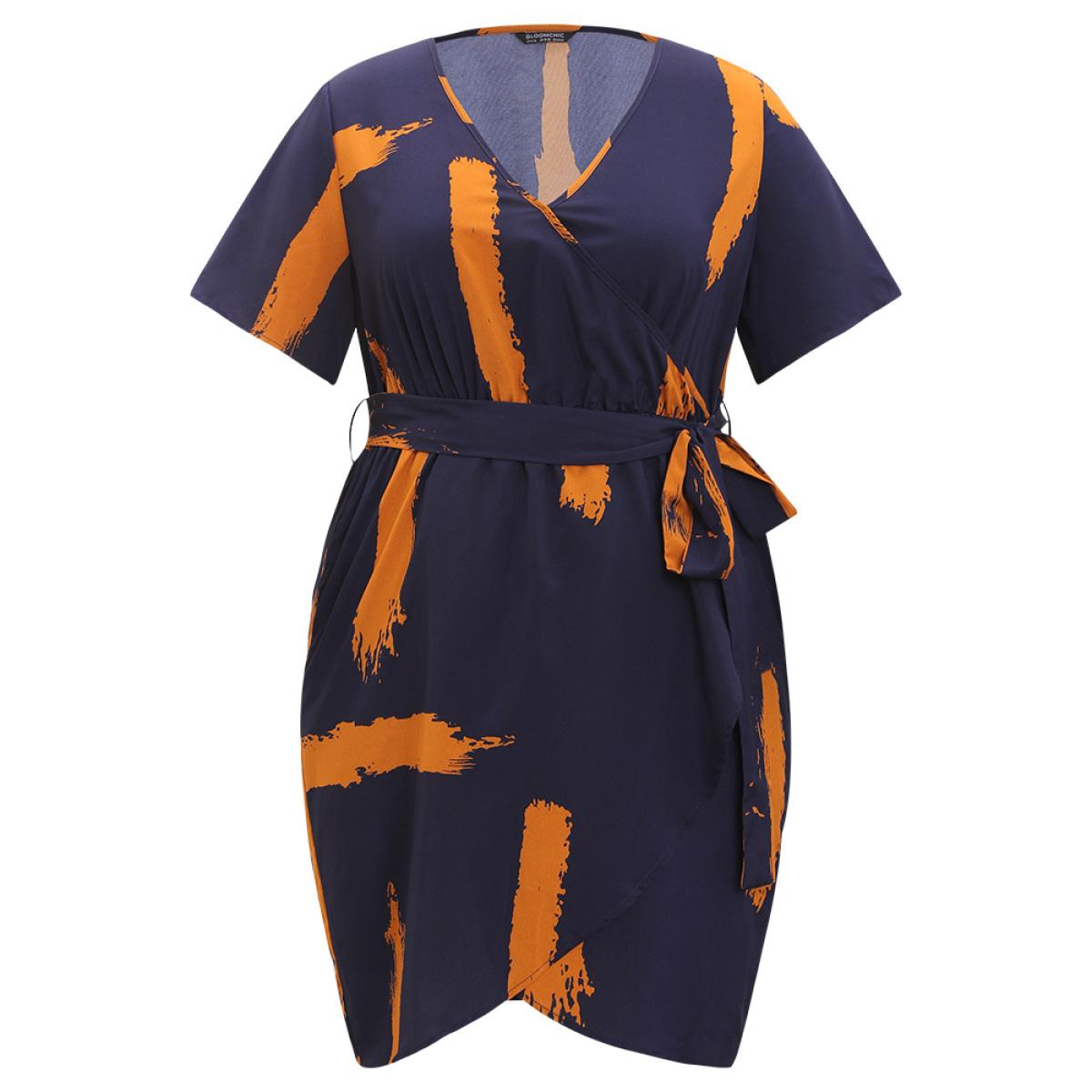 Plus Size Brush Print V Neck Pocket Wrap Hem Belted Dress DarkBlue Women Elegant Wrap V-neck Short sleeve Curvy Short Dress BloomChic 14-16/1X Product Image