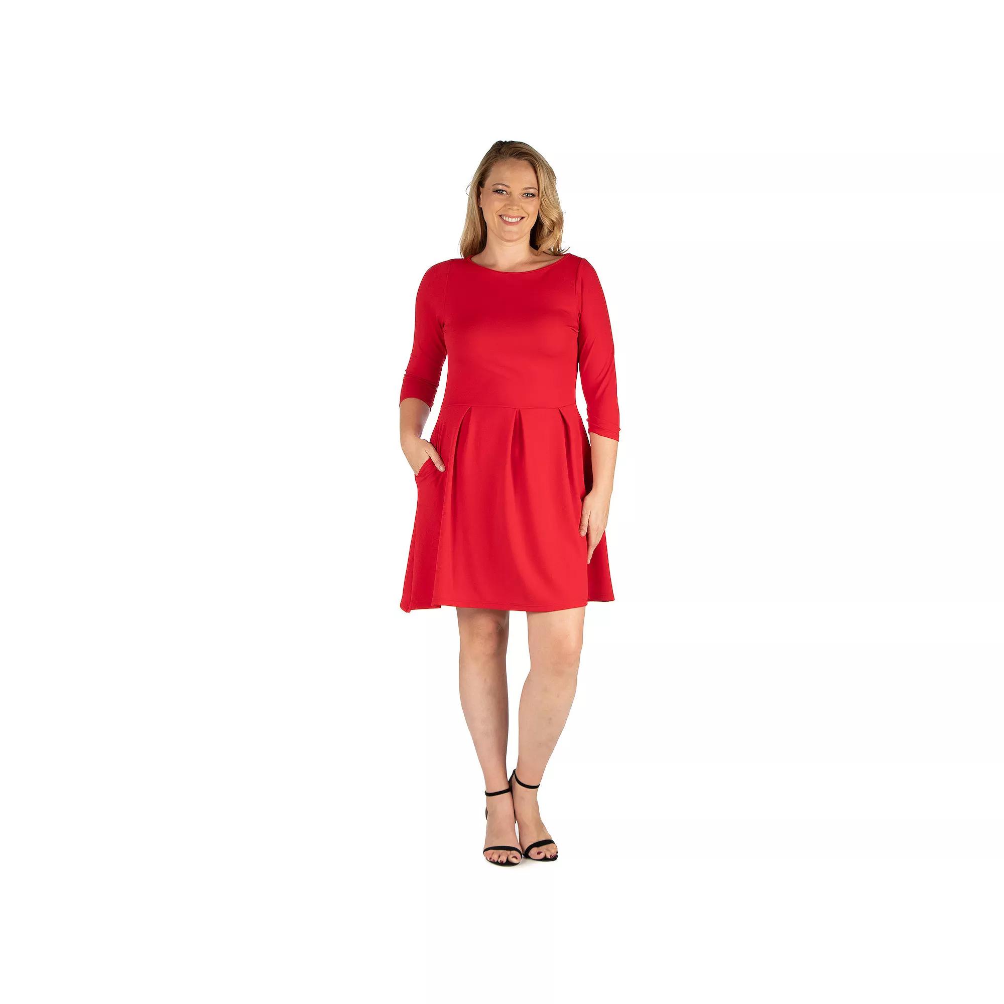Plus Size 24seven Comfort Apparel Perfect Fit and Flare Pocket Dress, Women's, Size: 2XL, Dark Red Product Image