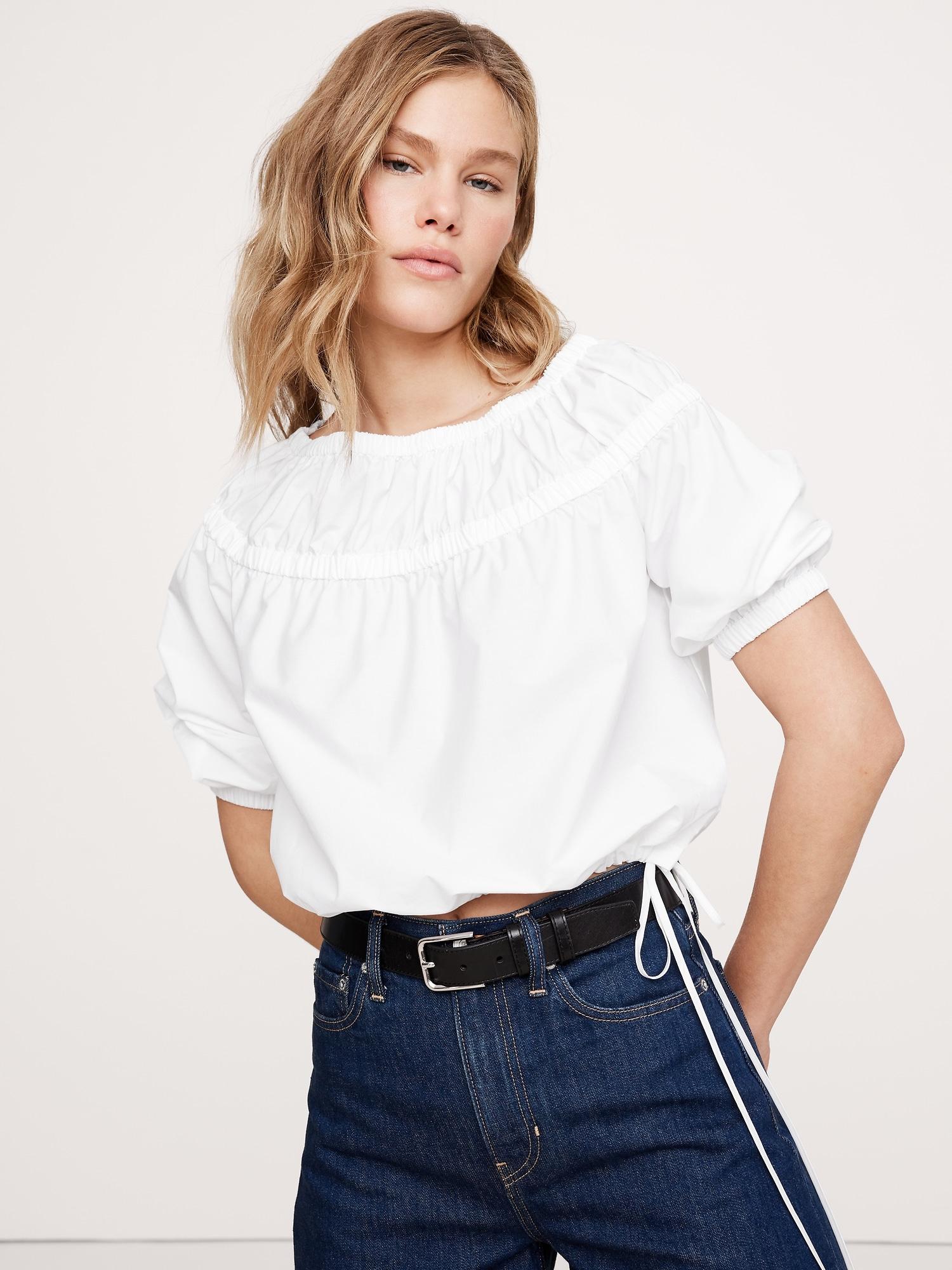 Cotton Poplin Ruched Bubble-Hem Top Product Image
