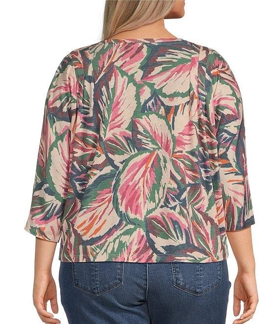 Democracy Plus Size Knit Leaf Print Crew Neck 3/4 Sleeve Front Knot Hem Top Product Image