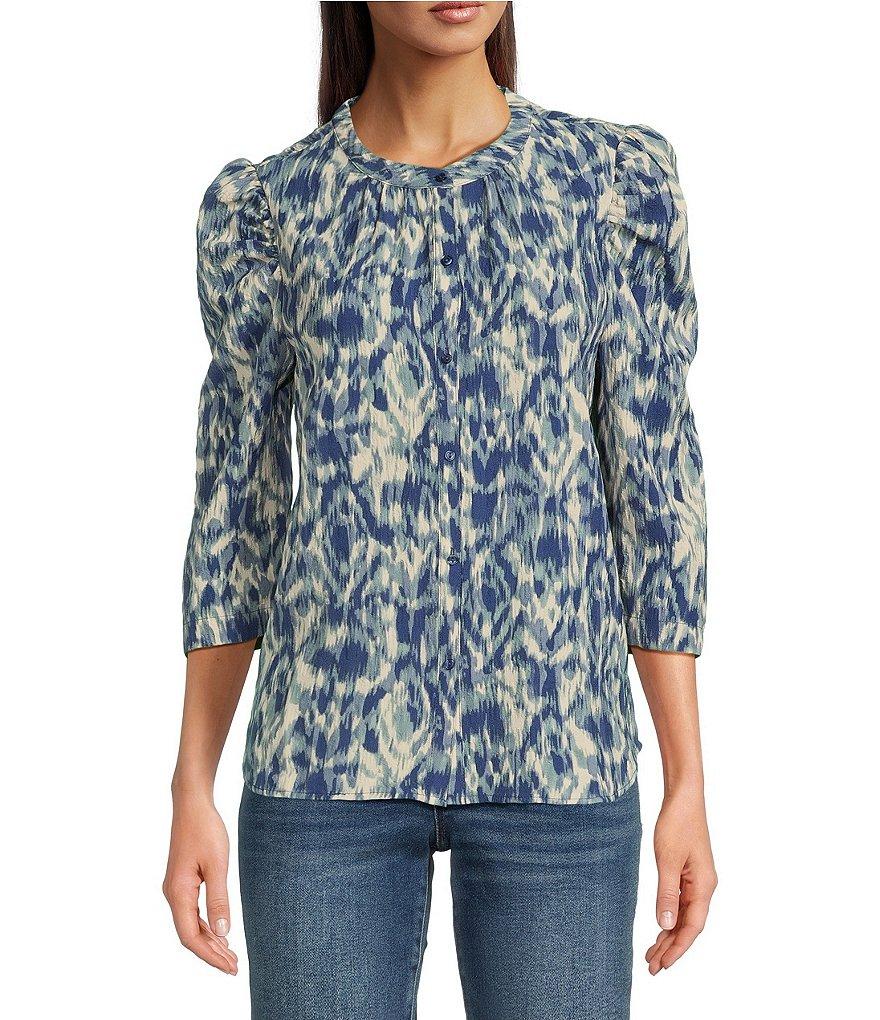 Bobeau Textured Woven Printed Crew Neck 3/4 Puff Sleeve Button Front Top Product Image