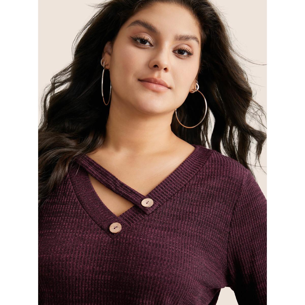 Plus Size Solid Rib Knit Button Detail T-shirt Red Women Leisure Non Plain V-neck Casual T-shirts BloomChic 12/L Product Image