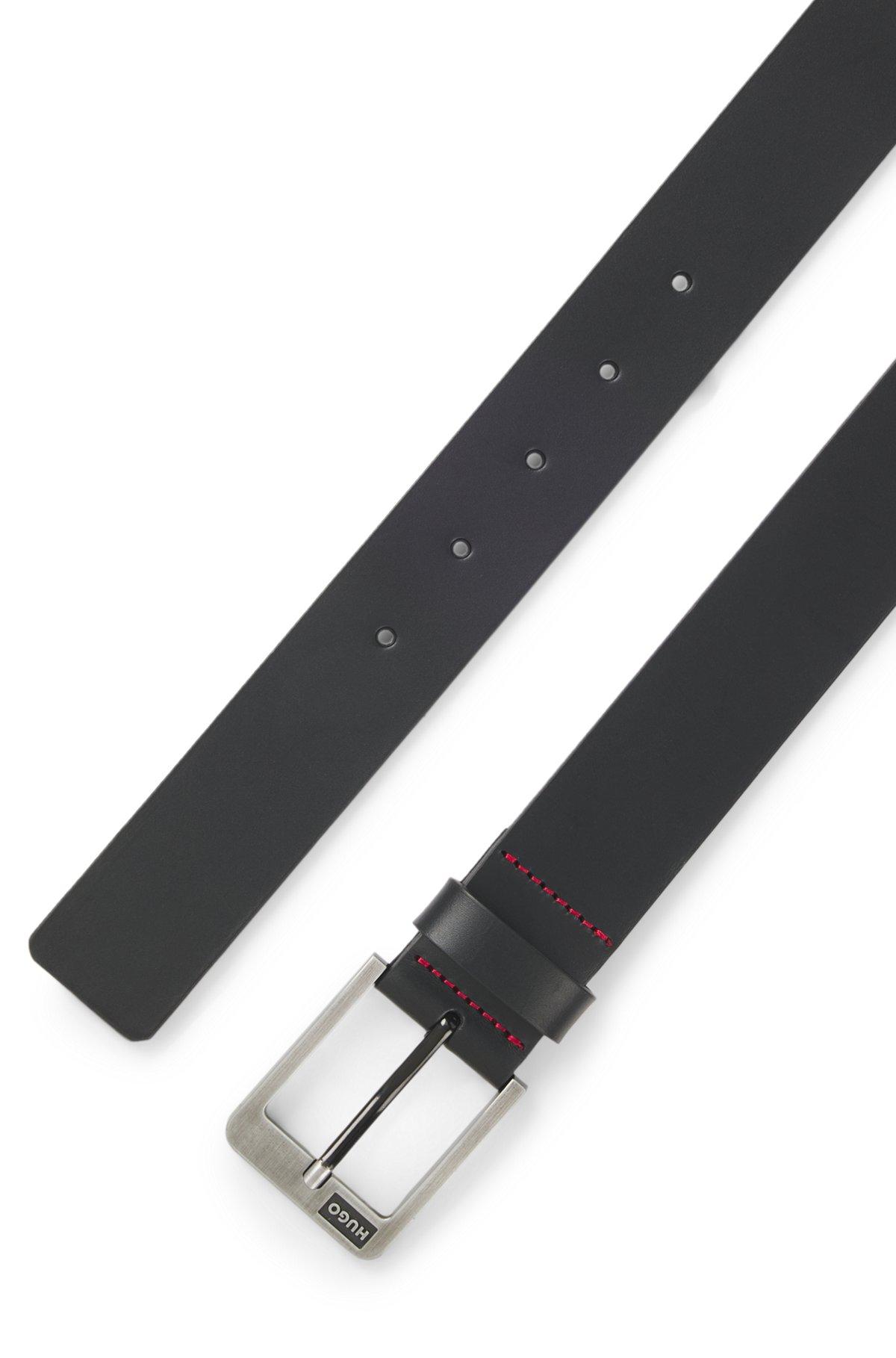 HUGO - Italian-leather belt with brushed logo buckle - Black Product Image