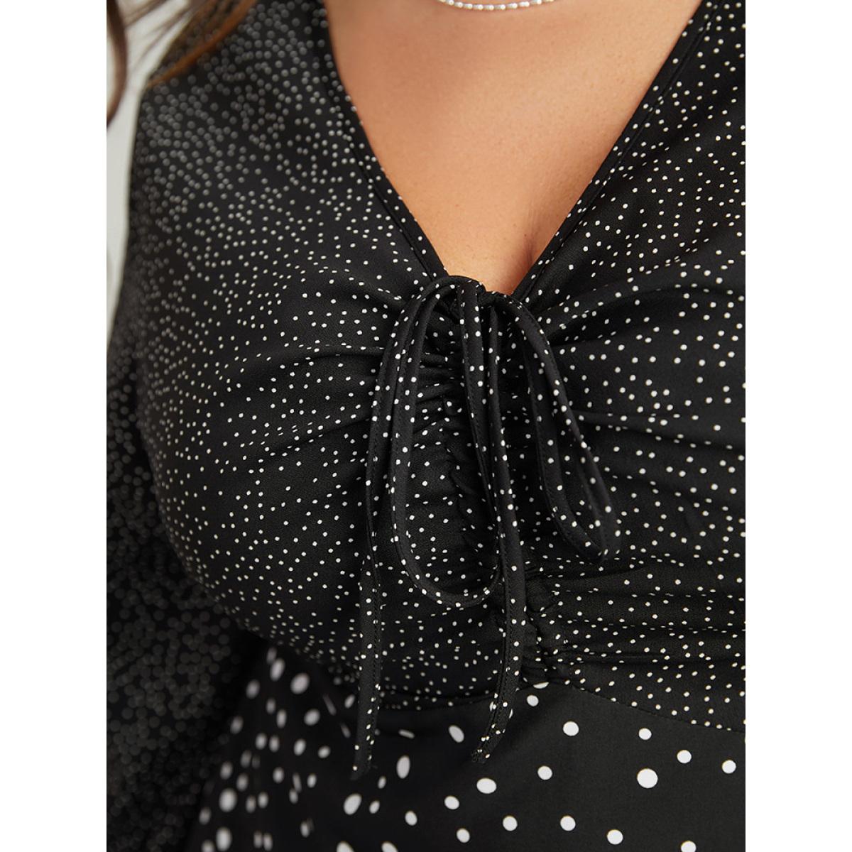 Plus Size Black Polka Dot Ruched Ties Lantern Sleeve Blouse Women Elegant Long Sleeve V-neck Dailywear Blouses BloomChic 10/M Product Image