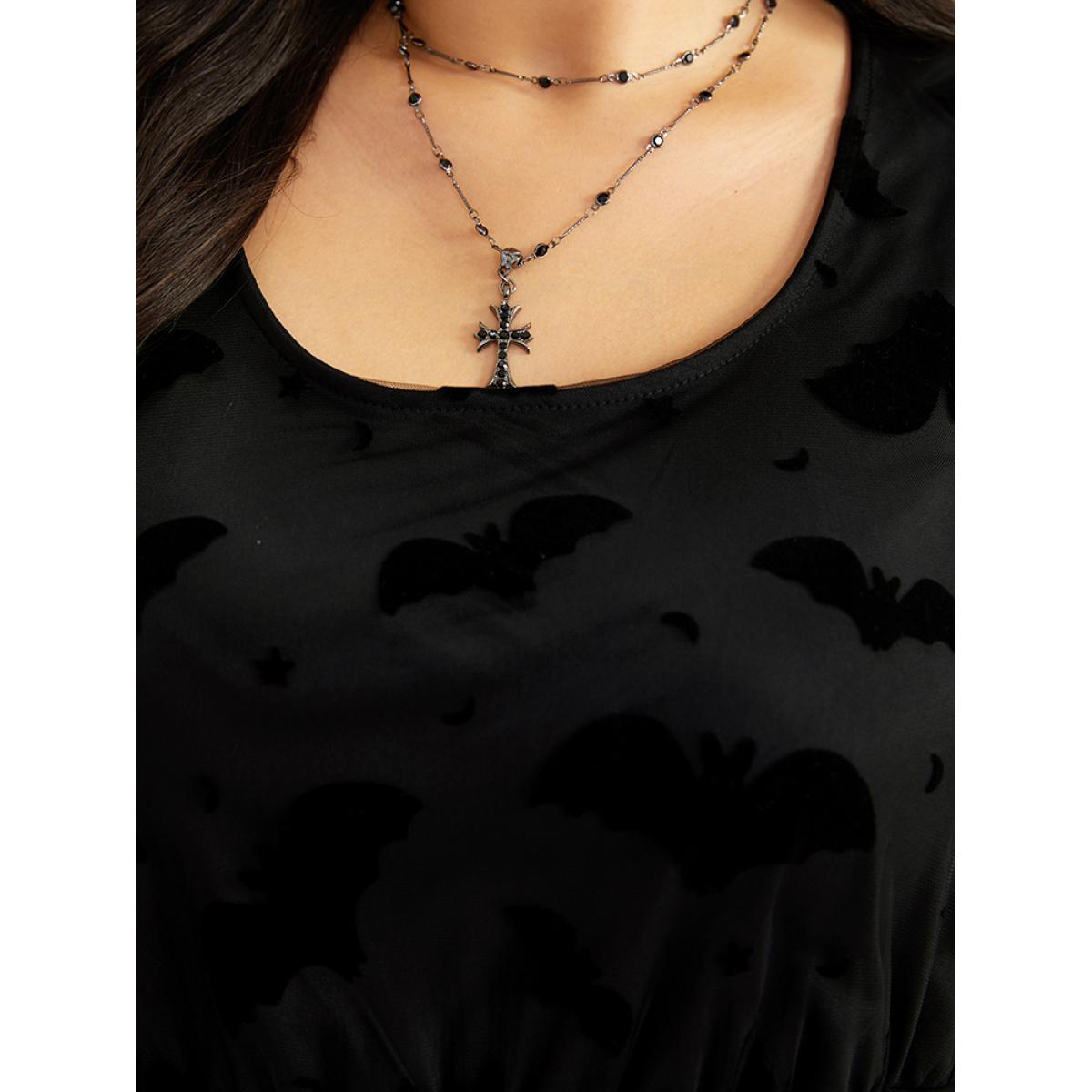 Plus Size Halloween Bat Print Mesh Long Sleeve Dress Black Women Elegant See through Round Neck Long Sleeve Curvy Midi Dress BloomChic 30/6X Product Image