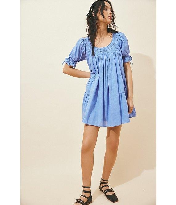 Free People Sandy Shores Scoop Neck Short Puff Sleeve Tiered Babydoll Mini Dress Product Image