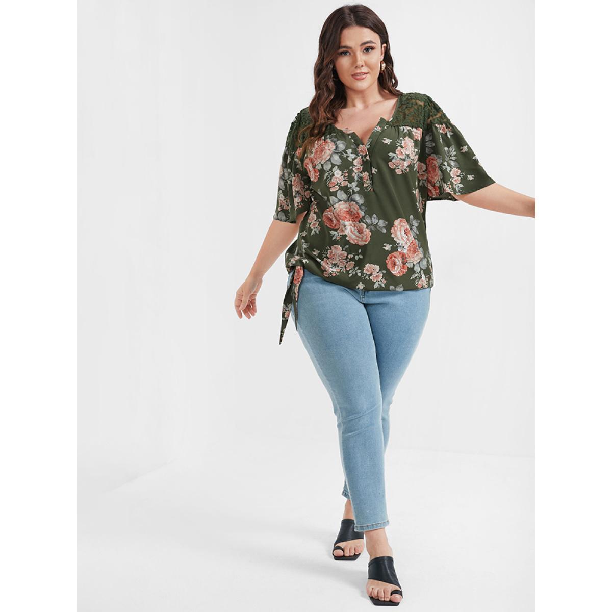 Plus Size Green Floral Contrast Lace Knotted Side Ruffled Blouse Women Elegant Half Sleeve V-neck Dailywear Blouses BloomChic 10/M Product Image