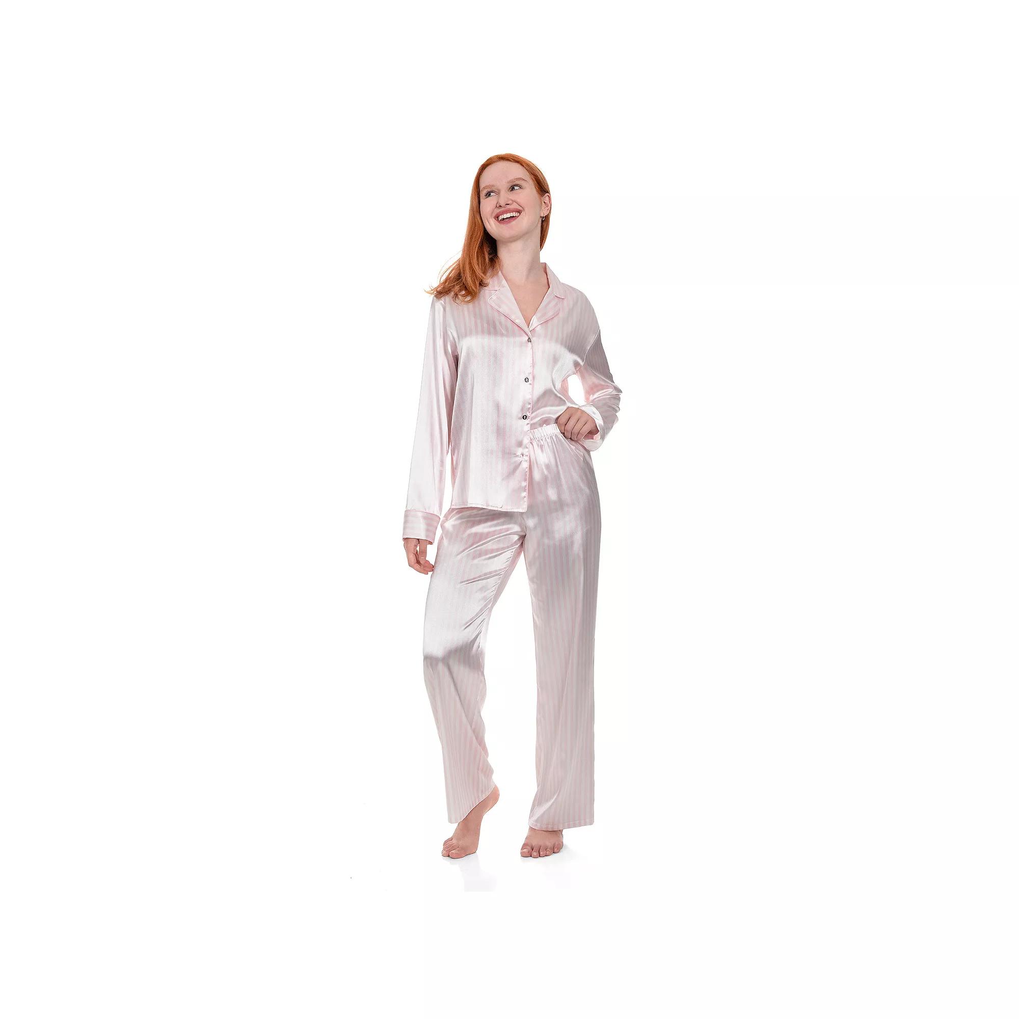 Women's Lilac+London Long Satin Notch Collar Pajama Top & Pajama Bottoms Set,  Product Image