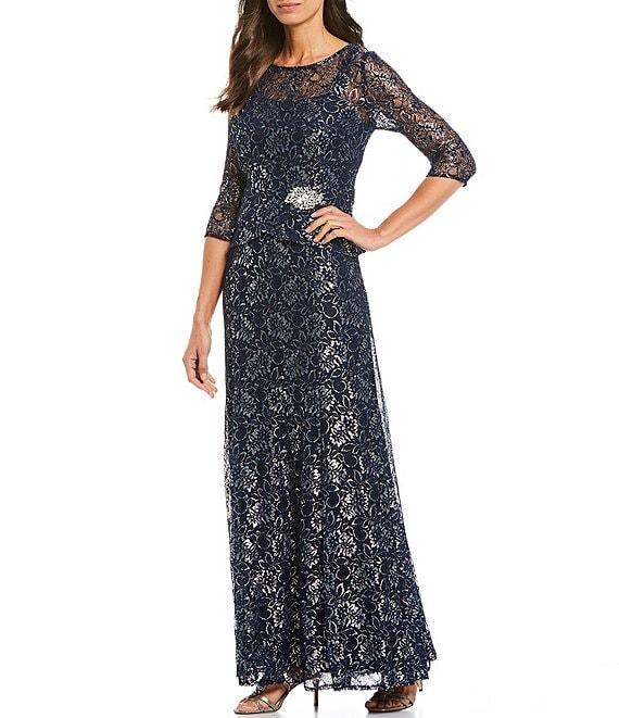 Le Bos Metallic Lace Peplum Round Neck 3/4 Sleeve Gown Product Image