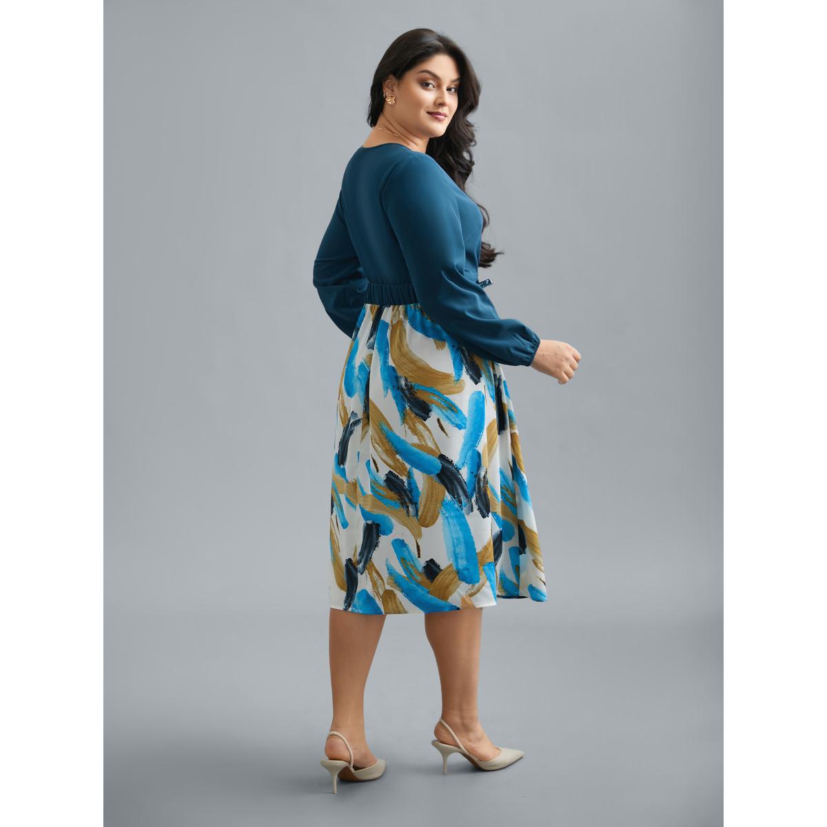 Plus Size Brush Stroke Print Contrast Spliced Dress Aegean Women Elegant Patchwork Overlap Collar Long Sleeve Curvy BloomChic 22-24/3X Product Image