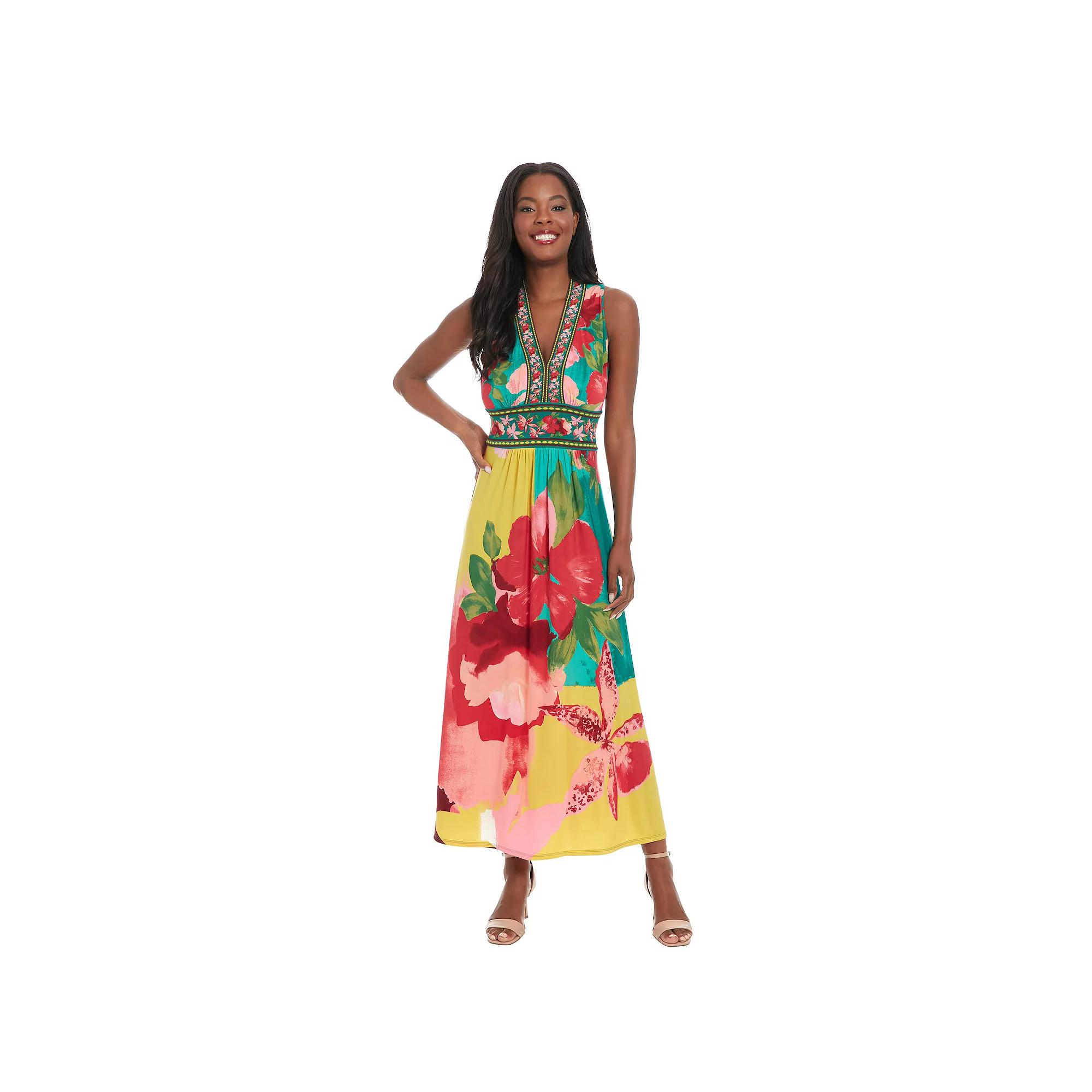 Women's London Times Floral Print Sleeveless V-Neck Flowy Maxi Dress, Size: 4, Pink Gold Product Image