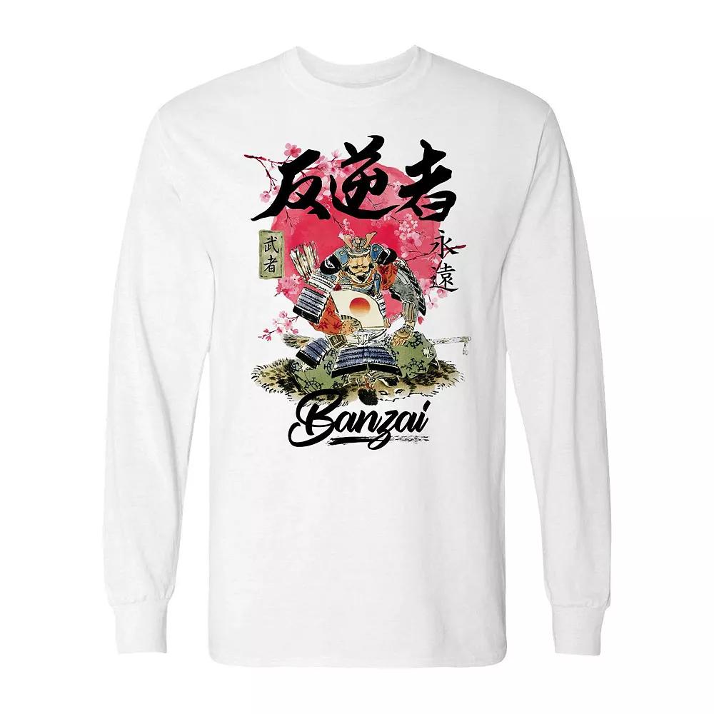 Men's Bonzai Samurai Cherry Blossom Portrait Long Sleeve Graphic Tee, Size: XL, White Product Image