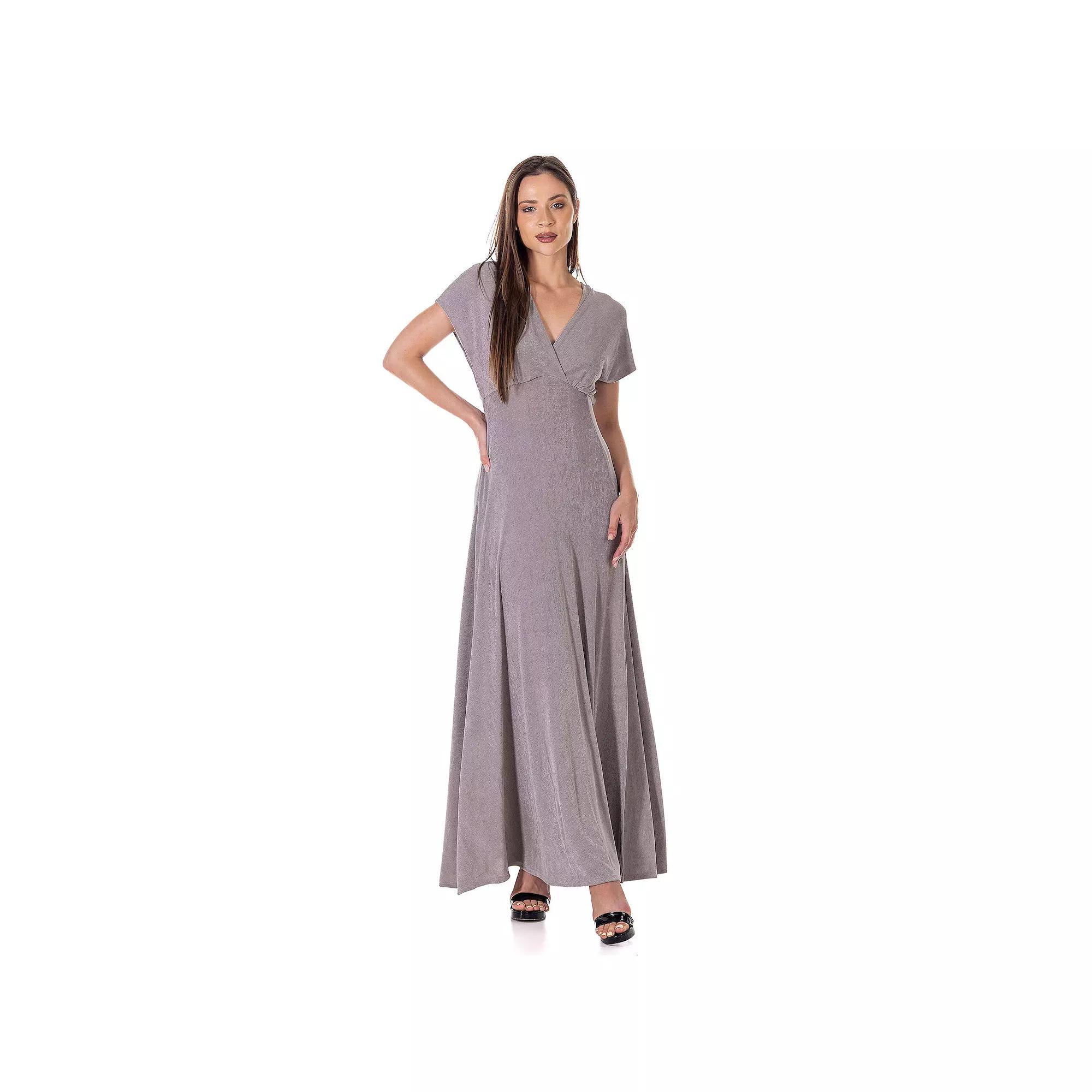 Women's 24Seven Comfort Apparel Flutter Sleeve Metallic Knit Maxi Dress Front Slit Empire Waist,  Product Image