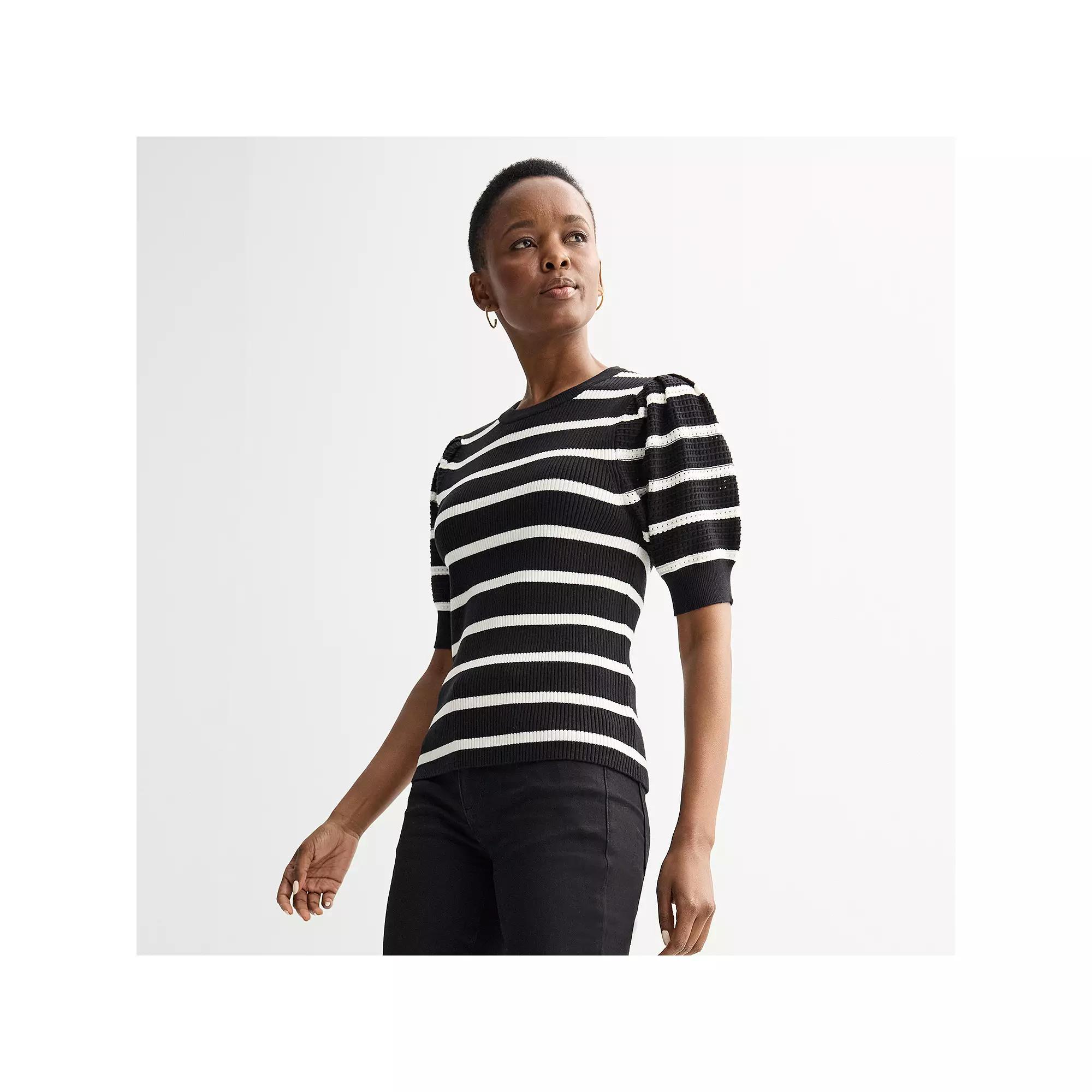 Women's Nine West Open Stitch Elbow Sleeve Sweater Tee, Size: XXL, White Black Product Image