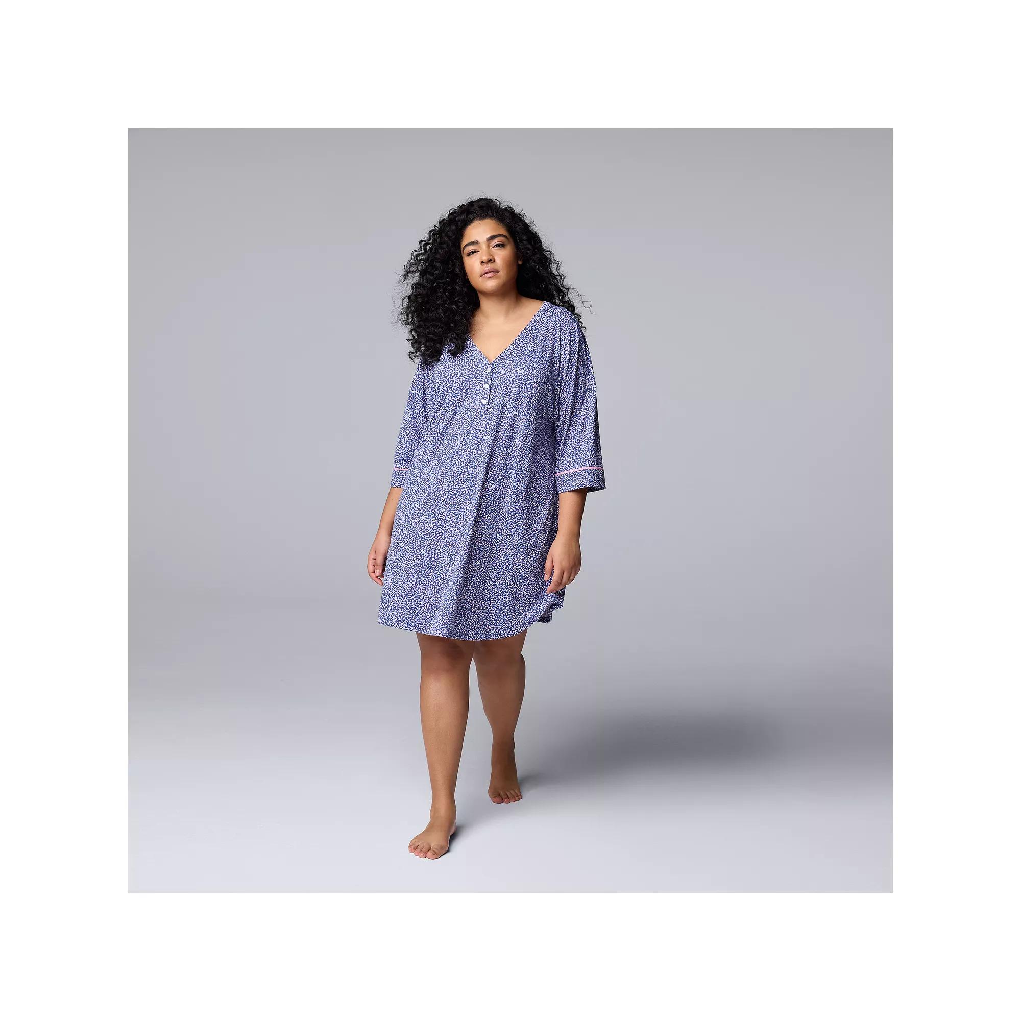 Plus Size Simply Vera Vera Wang Cozy Elbow Sleeve Henley Sleepshirt, Women's, Size: 3XL, Blue Hearts Product Image