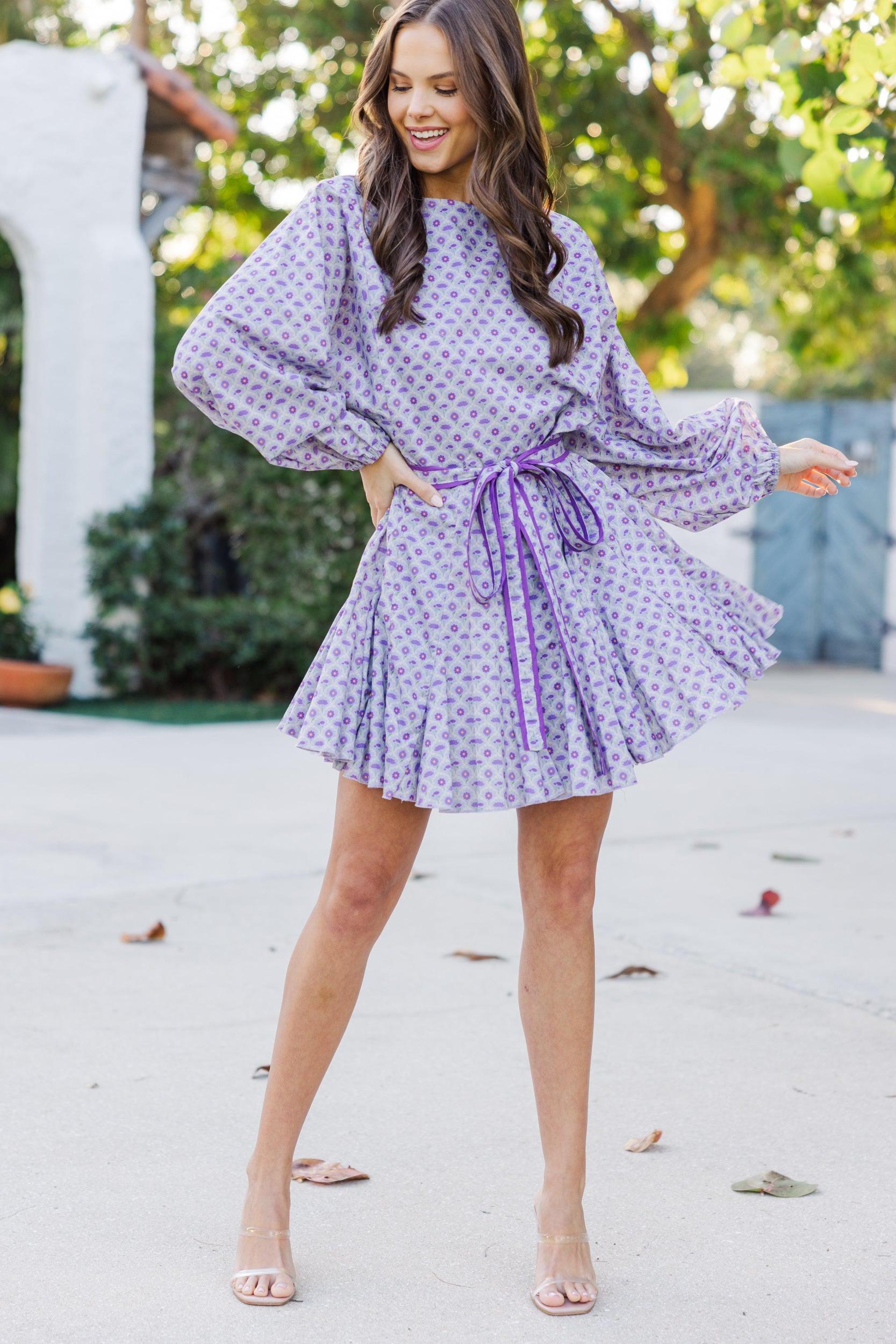 Stay Close Lavender Purple Medallion Tied Waist Dress Female Product Image