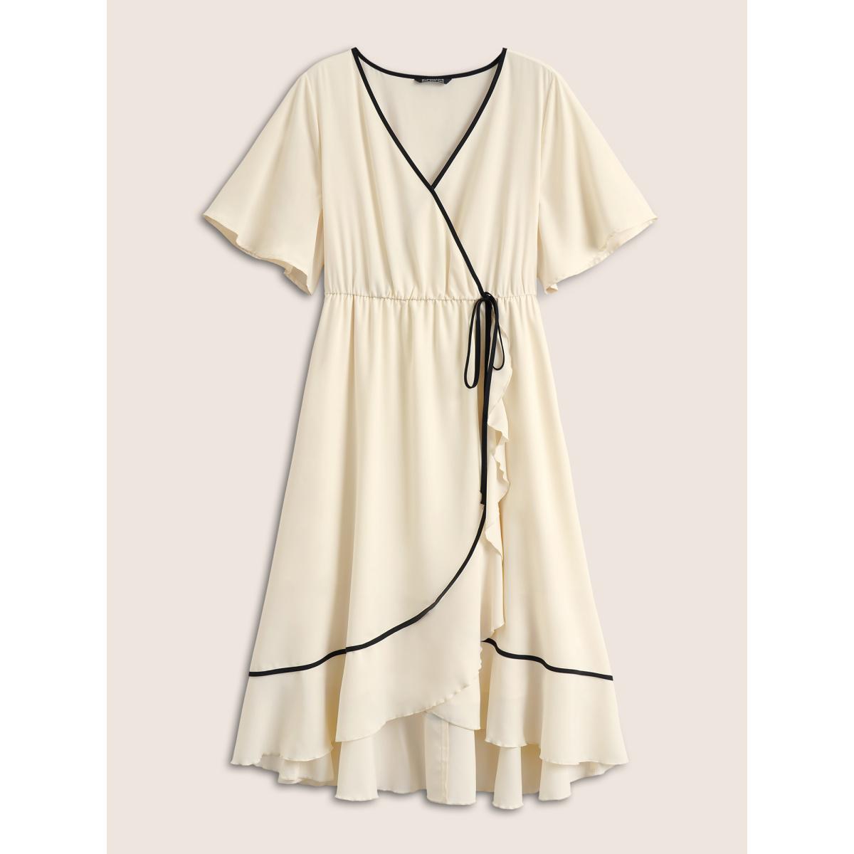 Plus Size Anti-Wrinkle Wrap Tiered Ruffles Contrast Ties Dress Beige Women At the Office Non Overlap Collar Short sleeve Curvy Midi Dress BloomChic 30/6X Product Image