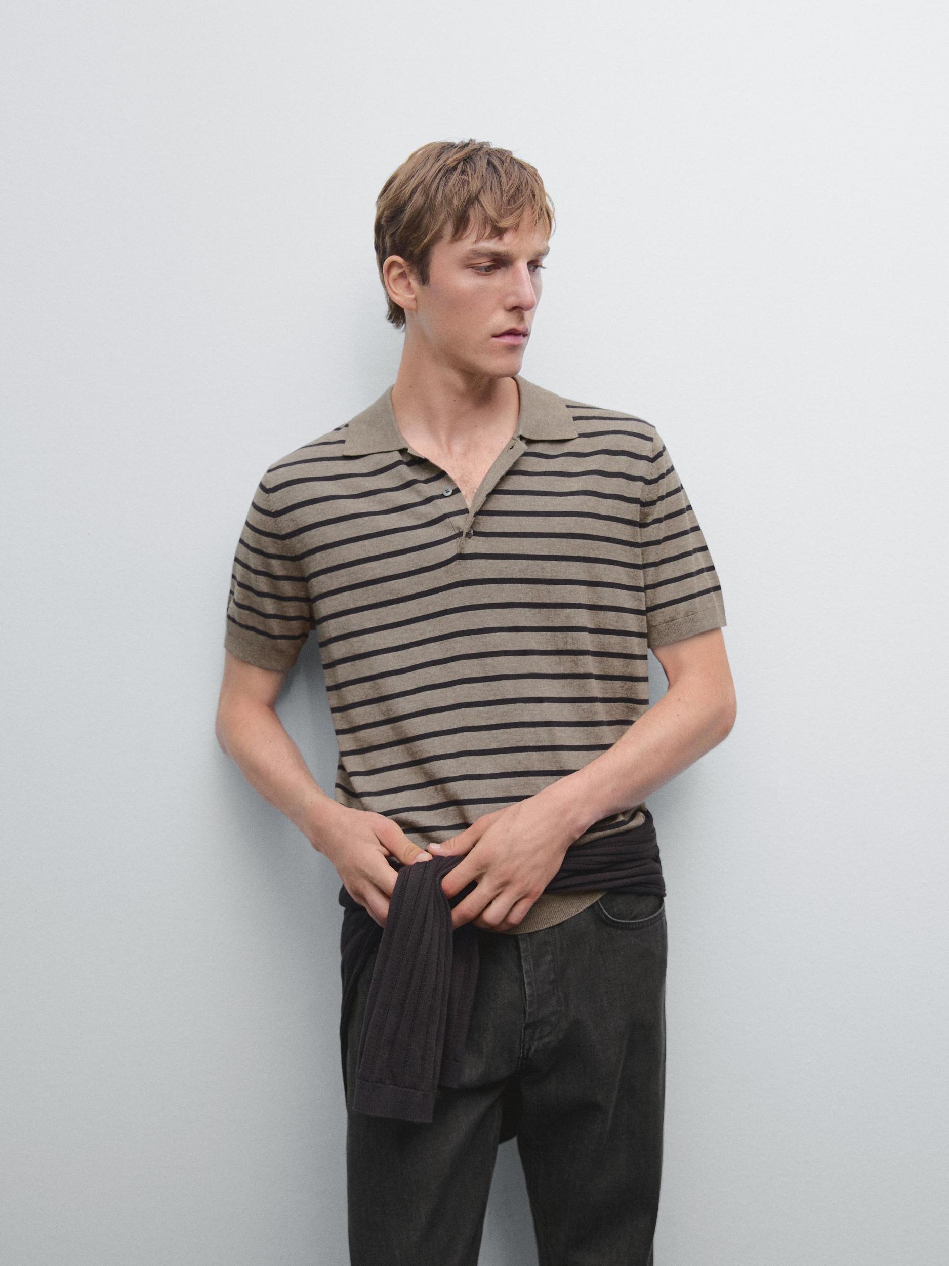 Short sleeve striped knit polo shirt Product Image