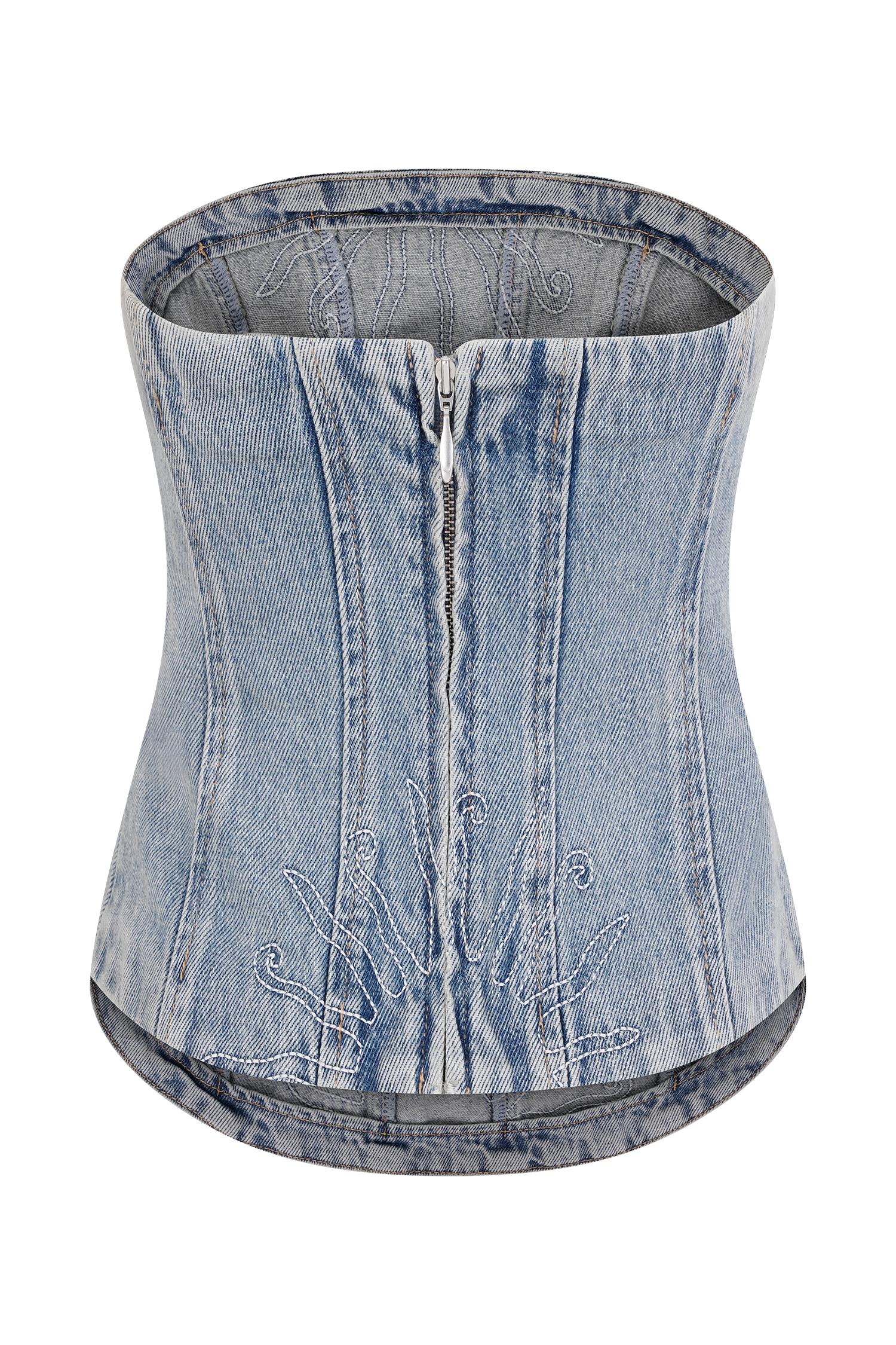 Alessia Embroidered Denim Corset - Light Vintage Product Image