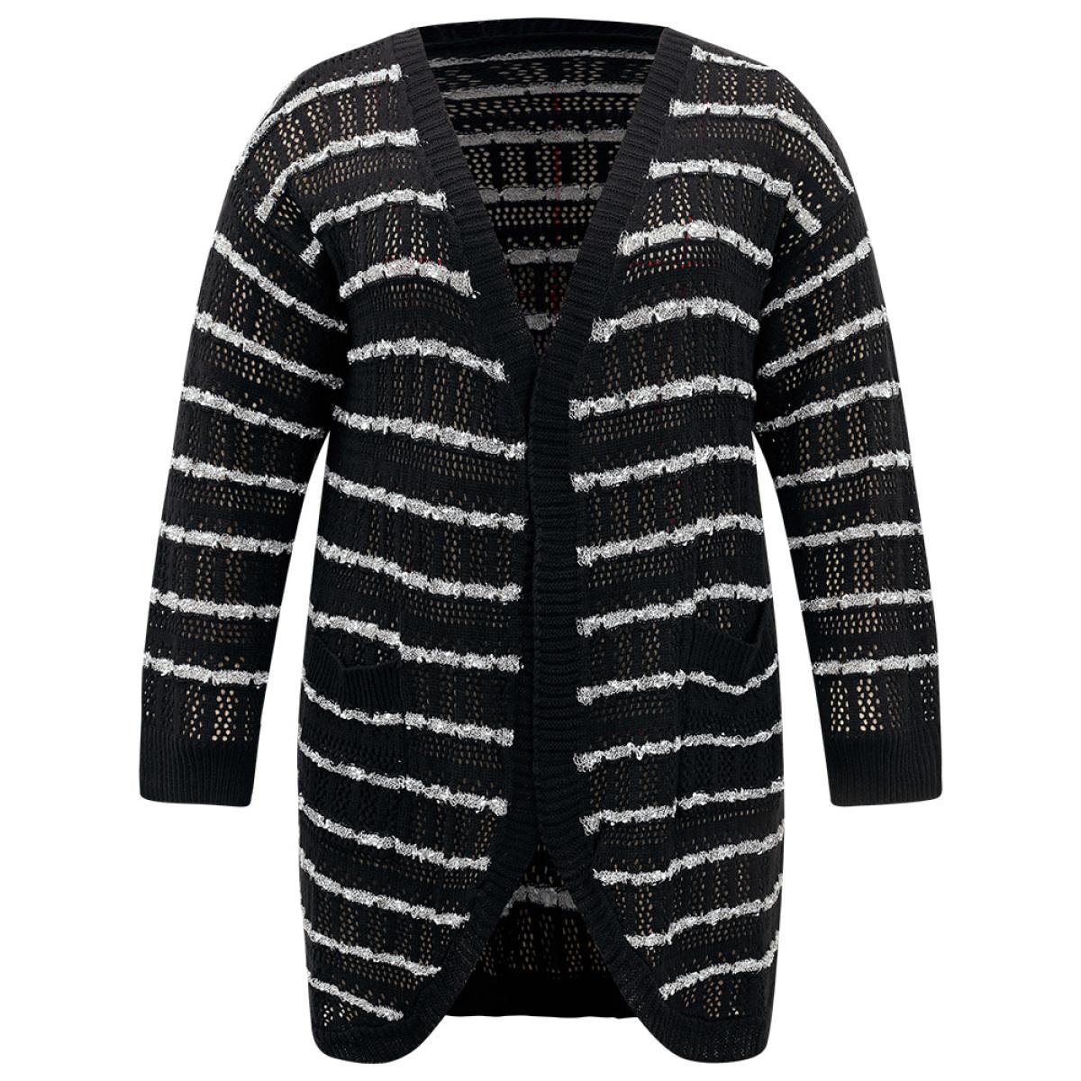 Plus Size Striped Eyelet Curved Hem Patched Pocket Cardigan Black Women Casual Loose Long Sleeve Dailywear Cardigans BloomChic 30/6X Product Image