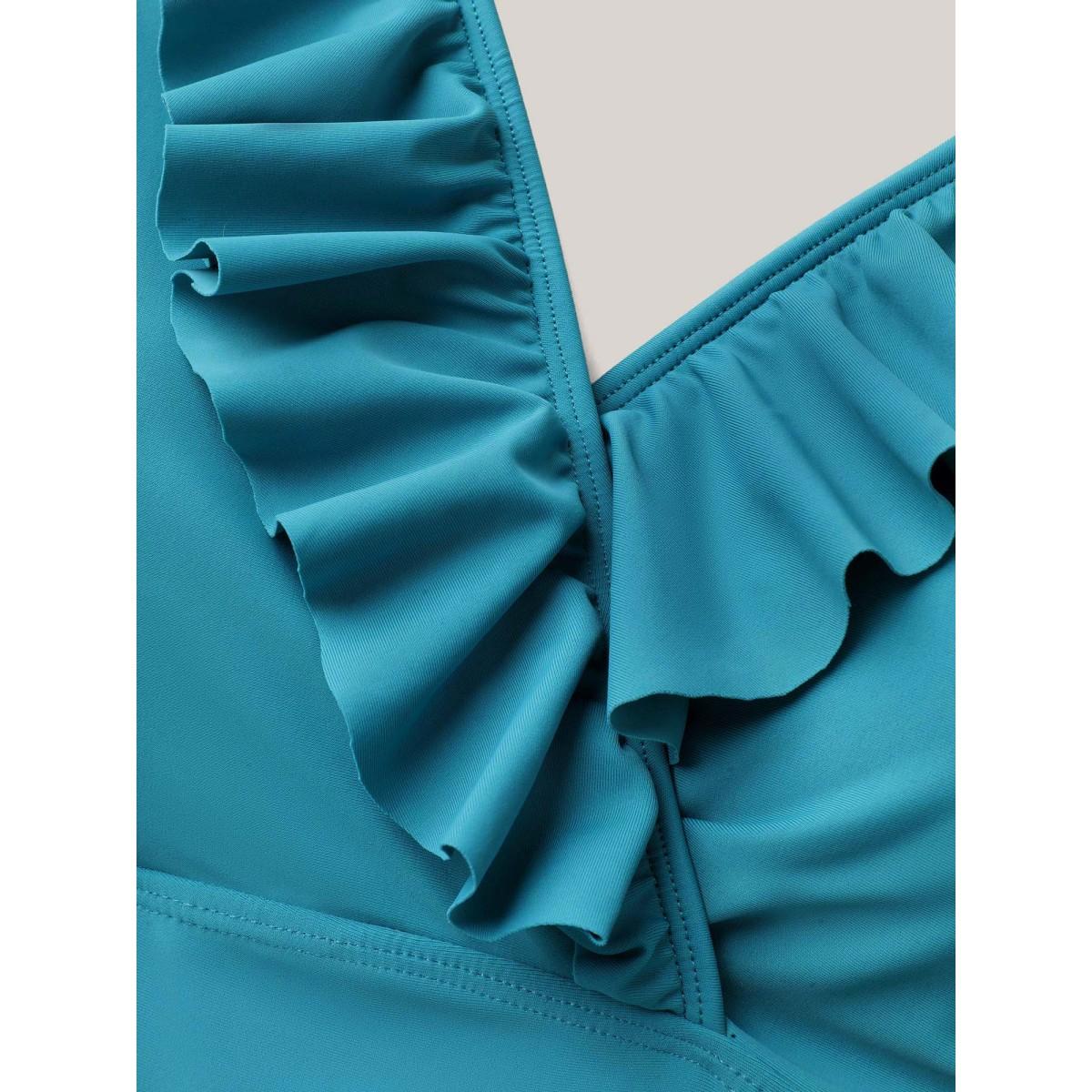 Plus Size Ruffled Edges Drawstring Bust-Support Swim Top Women's Swimwear Teal Resort Drawstring High stretch Bodycon Overlap Collar Curve Swim Tops BloomChic 18-20/2X Product Image