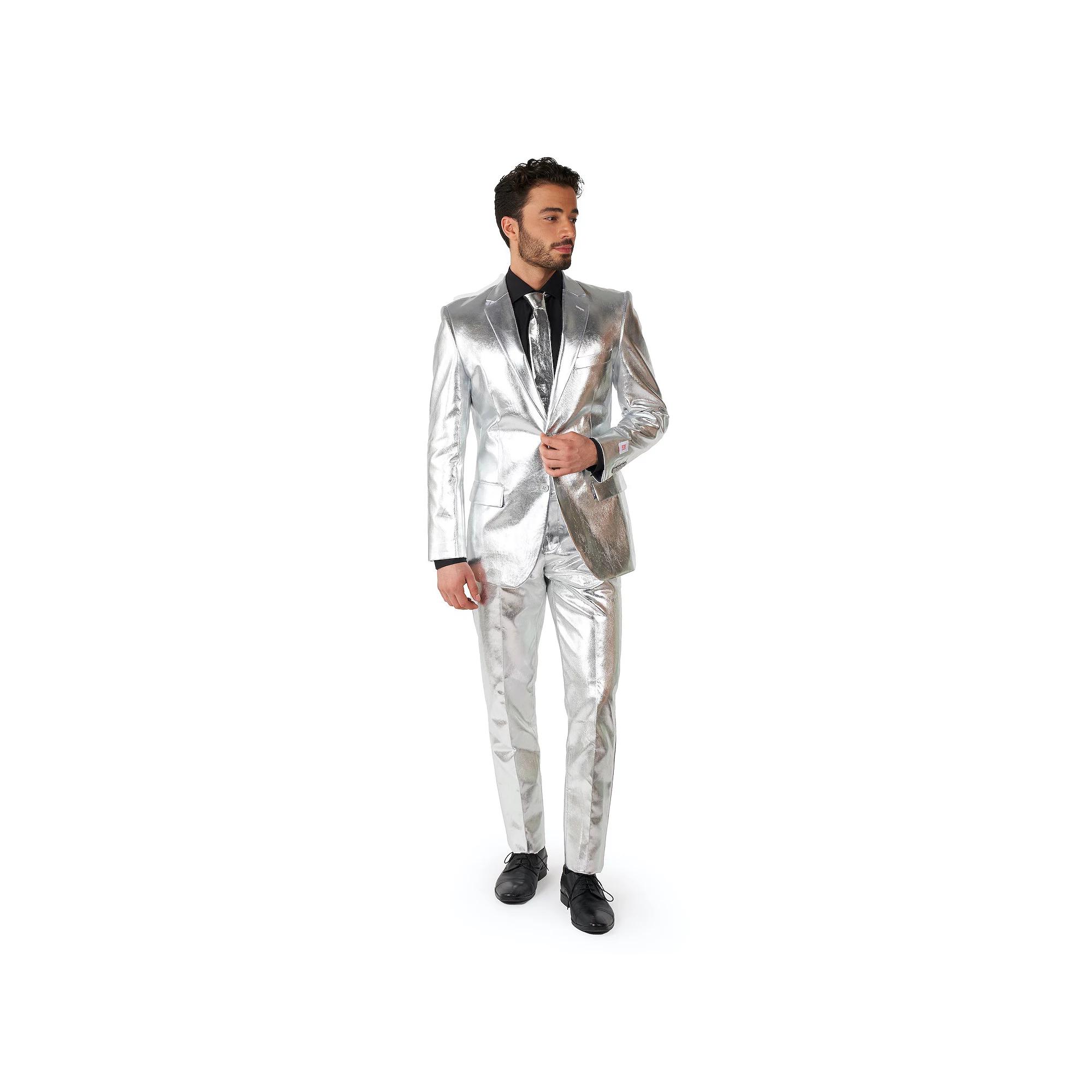 Men's OppoSuits Shiny Silver Slim-Fit Novelty Party Suit & Tie Set, Size: 44 - Regular, Silver Grey Product Image